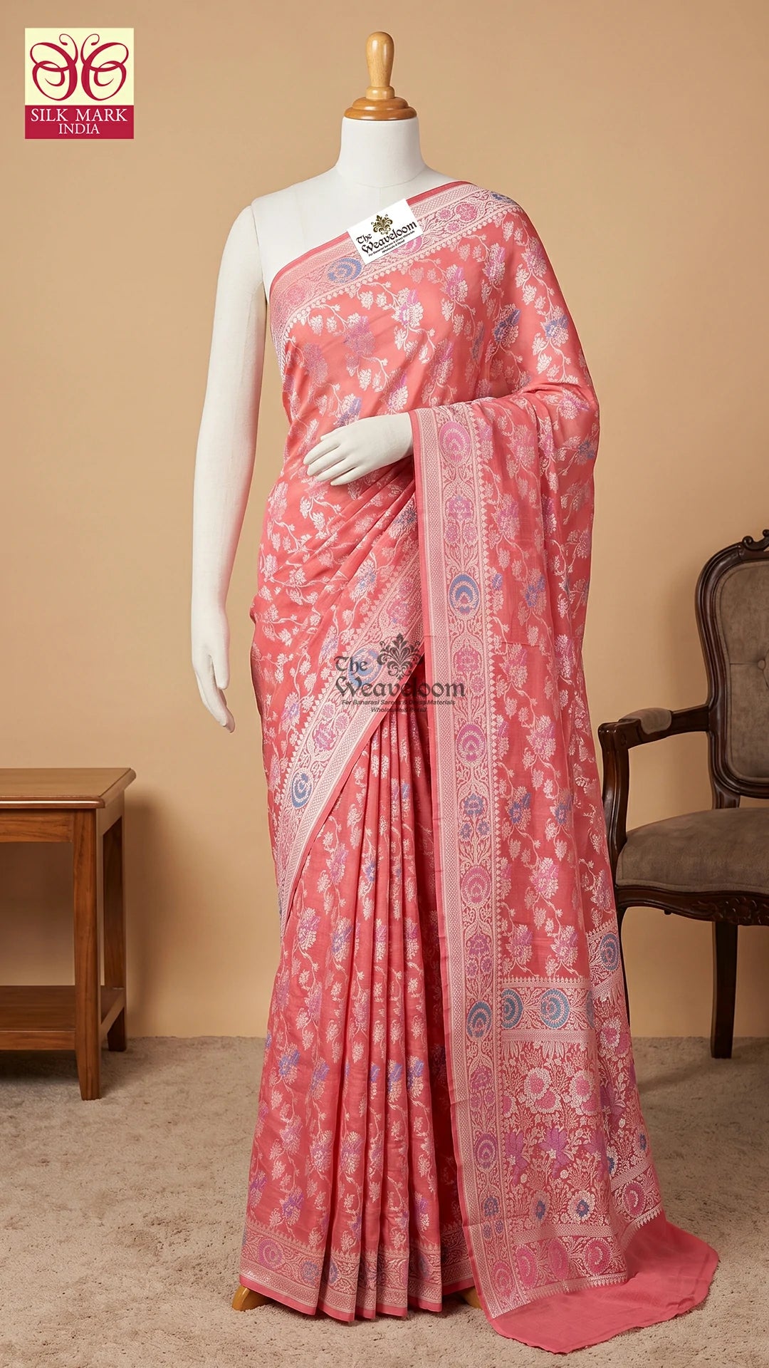 Strawberry Pink Floral Meenakari Tussar Georgette Pure Banarasi Saree by The Weaveloom