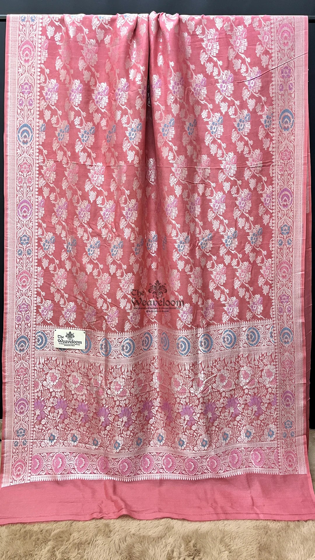Strawberry Pink Floral Meenakari Tussar Georgette Pure Banarasi Saree by The Weaveloom