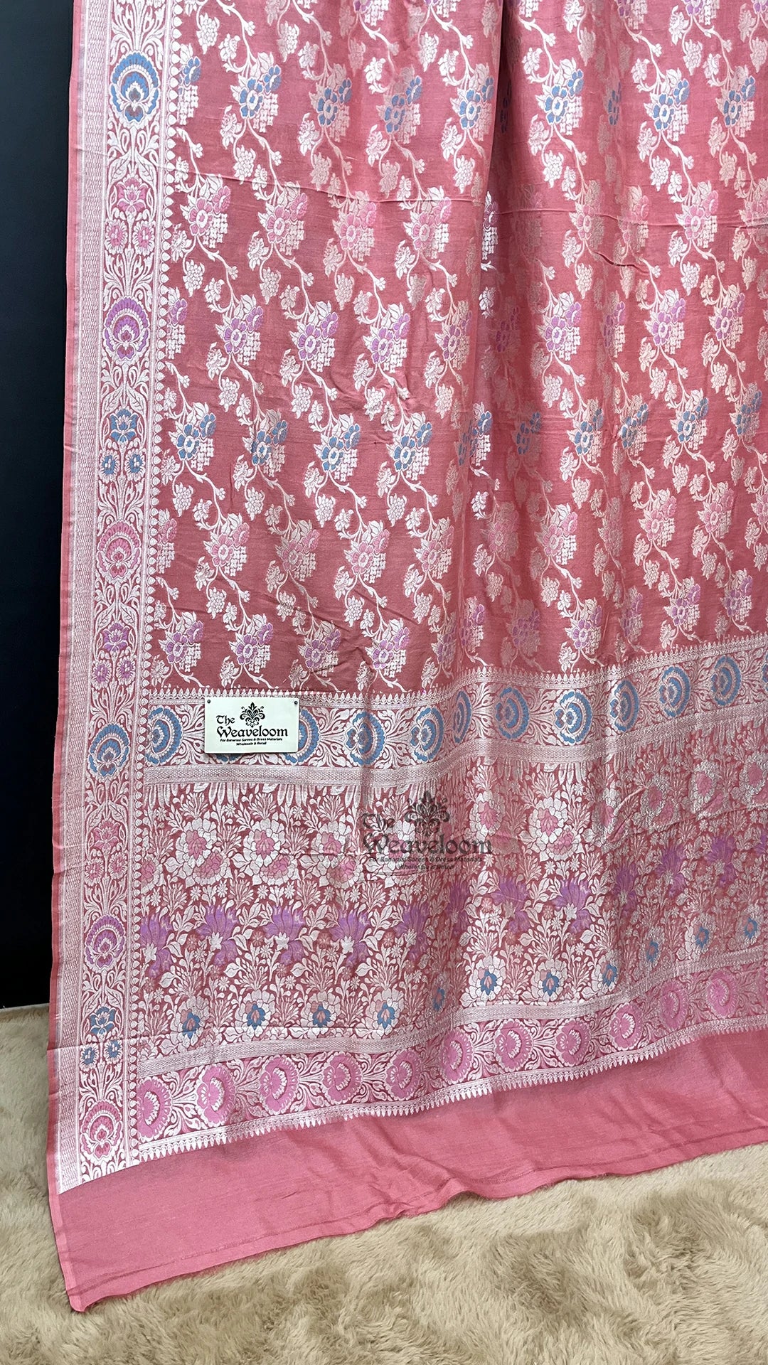 Strawberry Pink Floral Meenakari Tussar Georgette Pure Banarasi Saree by The Weaveloom
