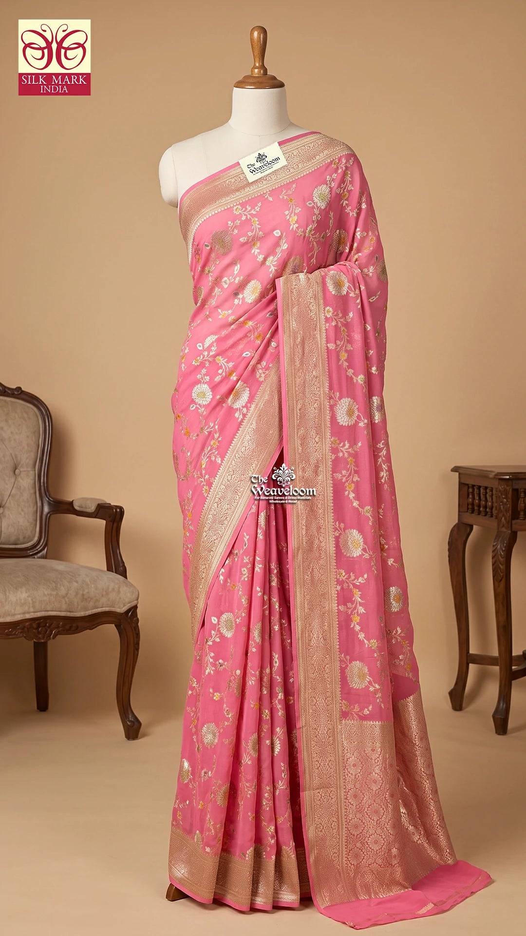 Strawberry Pink Floral Zari Khaddi Georgette Pure Banarasi Saree by The Weaveloom