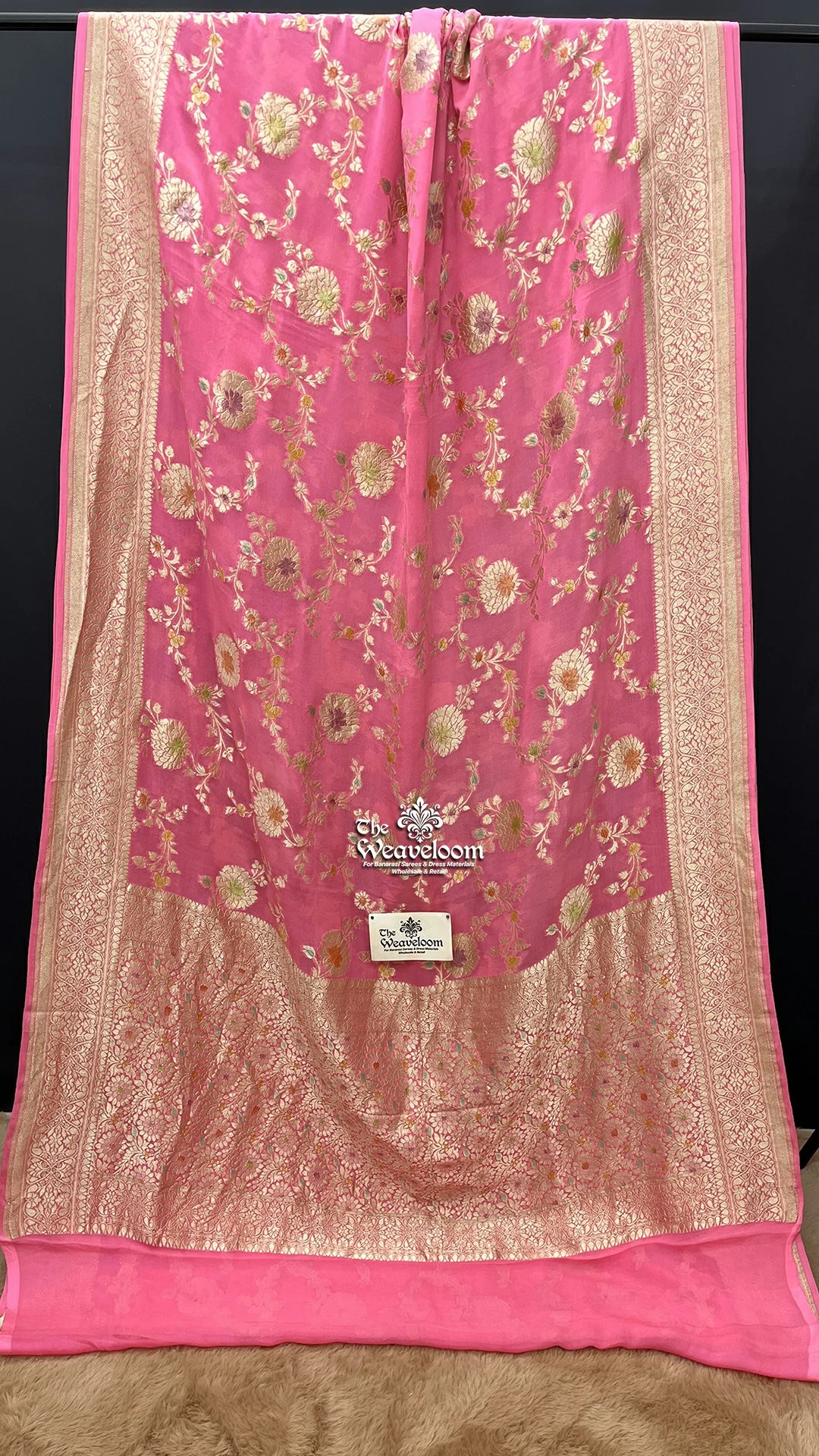 Strawberry Pink Floral Zari Khaddi Georgette Pure Banarasi Saree by The Weaveloom