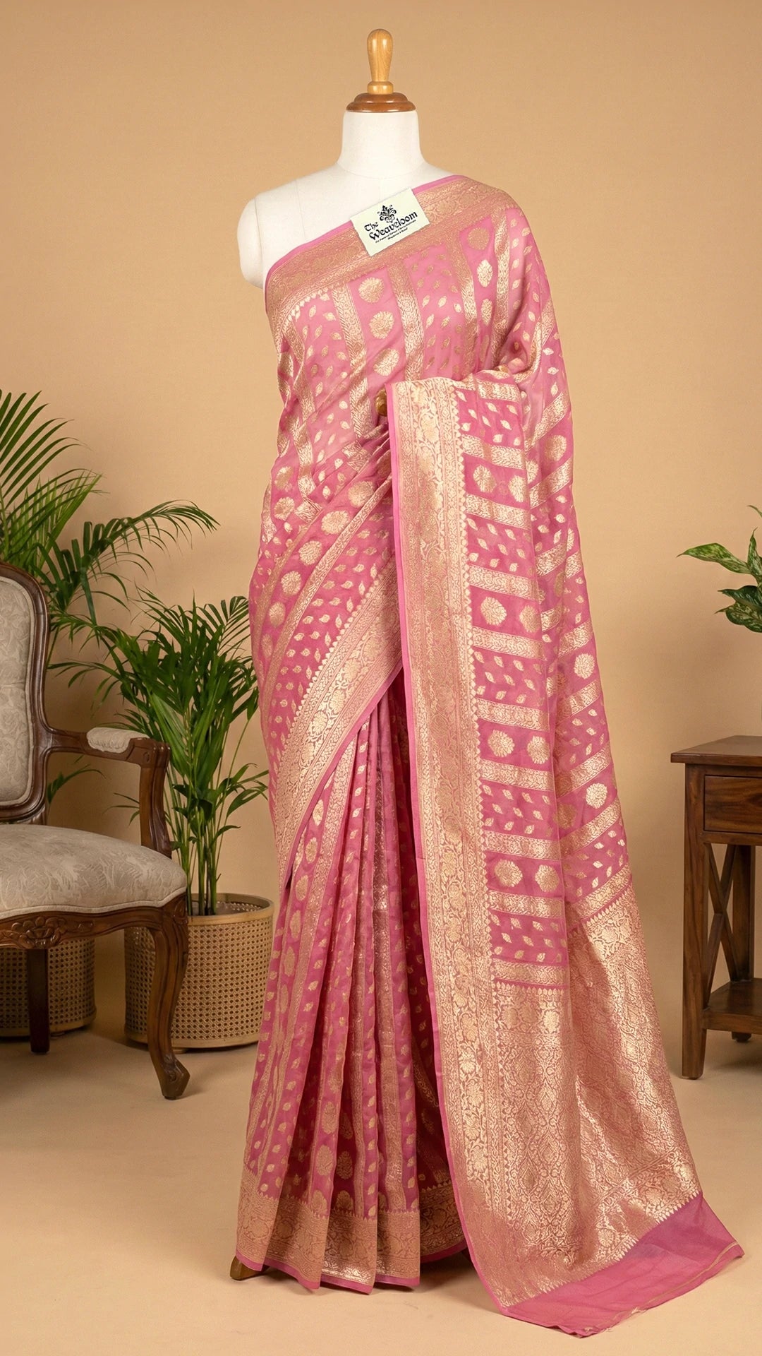 Strawberry Pink Khaddi Georgette Pure Banarasi Saree With Water Zari Floral Buta by The Weaveloom
