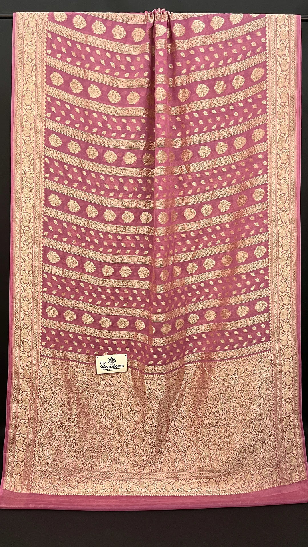 Strawberry Pink Khaddi Georgette Pure Banarasi Saree With Water Zari Floral Buta by The Weaveloom