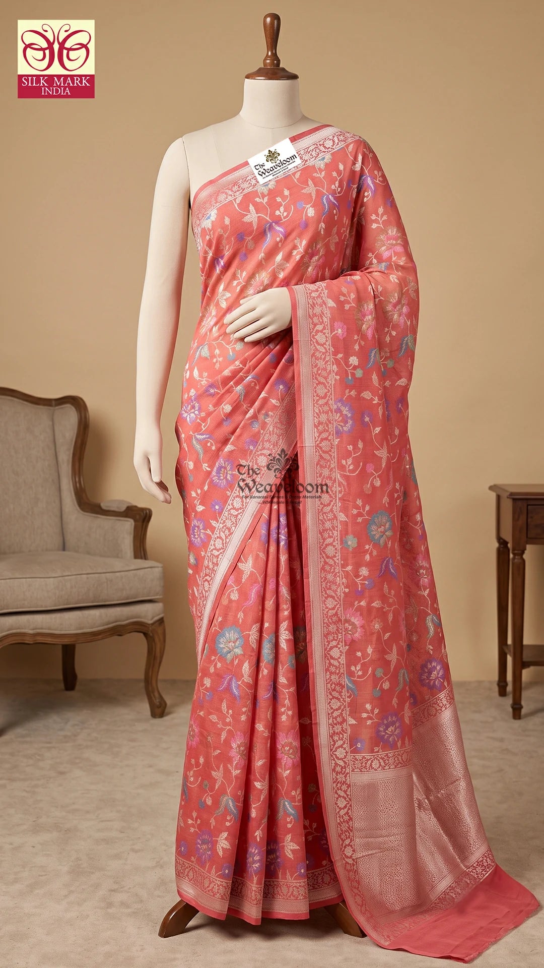 Strawberry pink meenakari floral tussar georgette pure Banarasi saree by The Weaveloom
