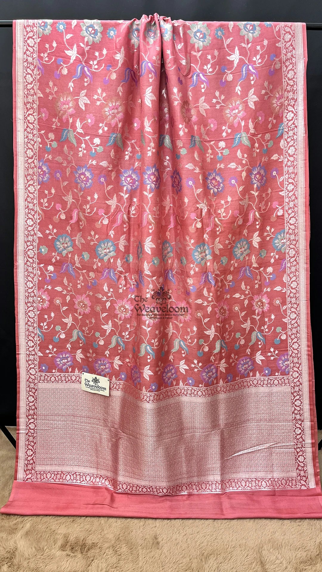 Strawberry pink meenakari floral tussar georgette pure Banarasi saree by The Weaveloom