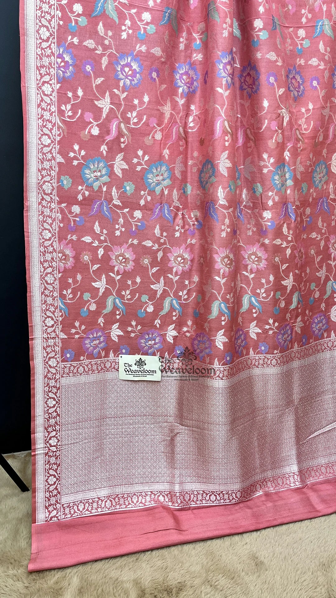 Strawberry pink meenakari floral tussar georgette pure Banarasi saree by The Weaveloom