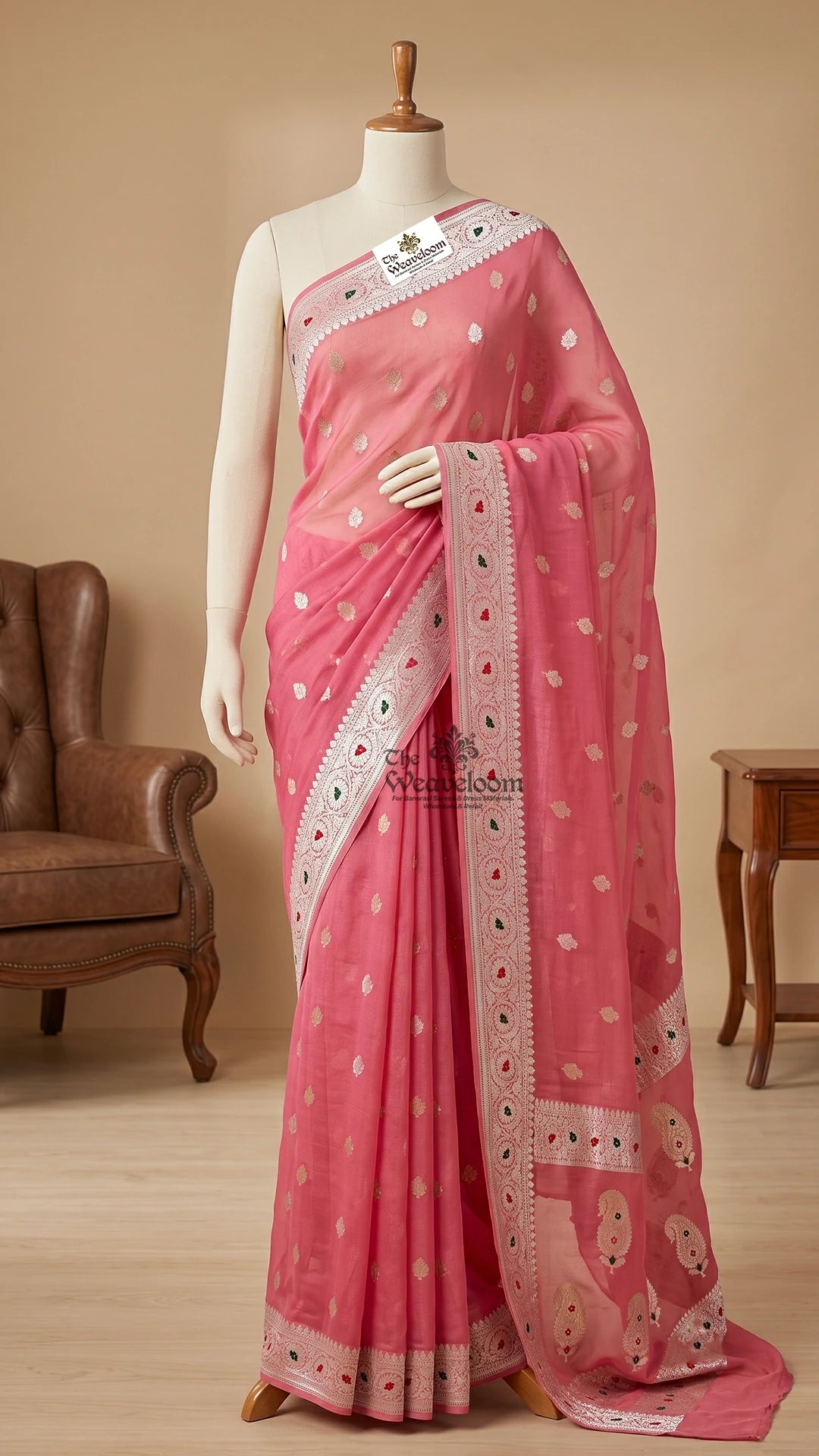 Strawberry pink paisley motif tissue georgette handloom Banarasi saree by The Weaveloom