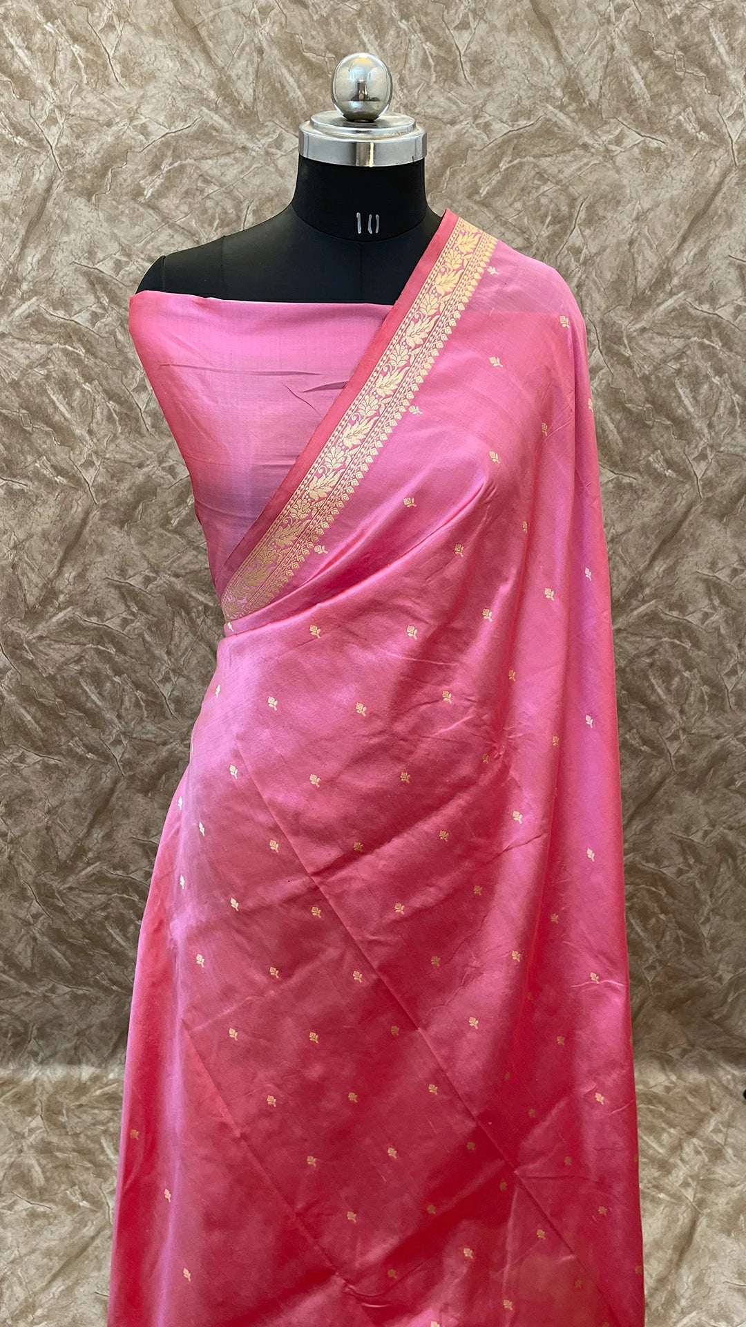 Strawberry Pink Pure Katan Silk Handloom Banarasi Saree with Gold Zari Border by The Weaveloom