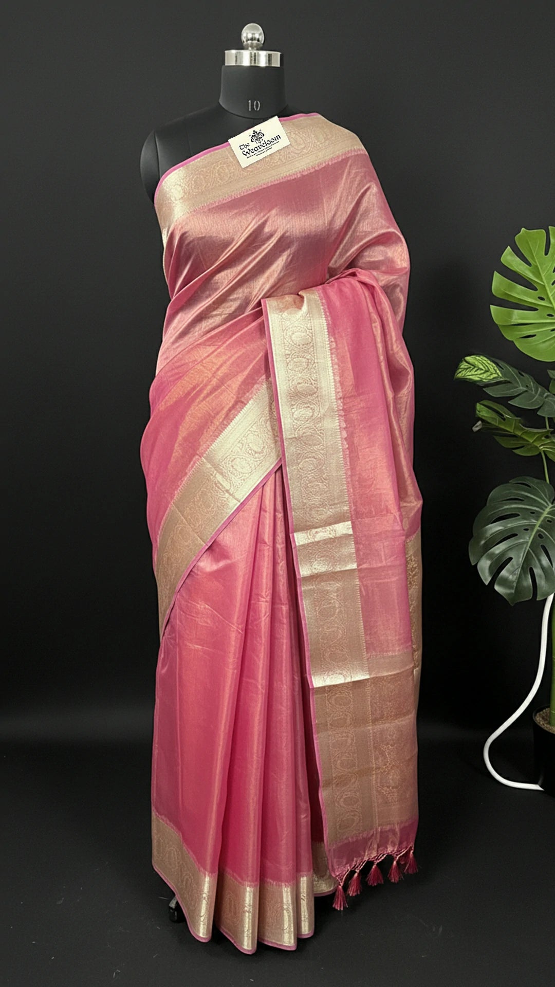 Strawberry Pink - Pure Tissue Silk Banarasi Saree with Gold Zari Pallu and Tassels by The Weaveloom