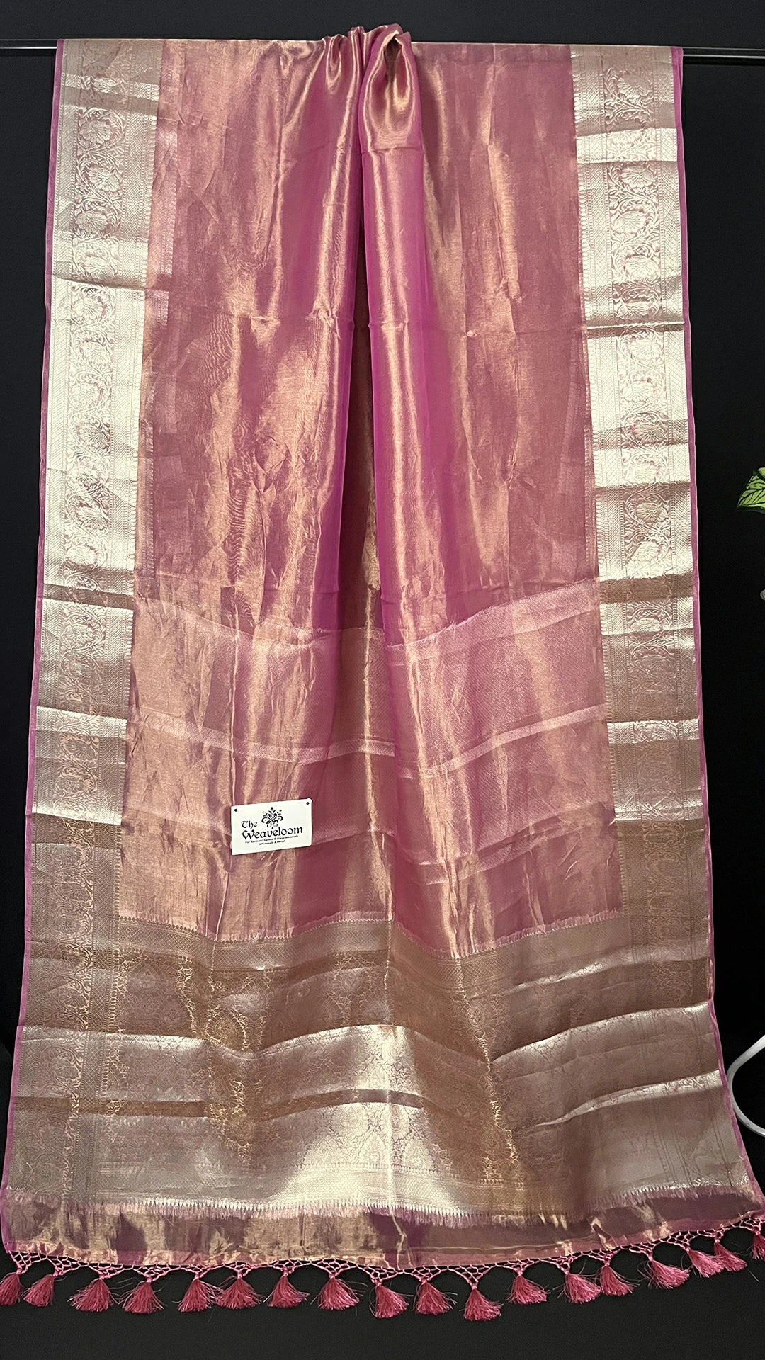 Strawberry Pink - Pure Tissue Silk Banarasi Saree with Gold Zari Pallu and Tassels by The Weaveloom