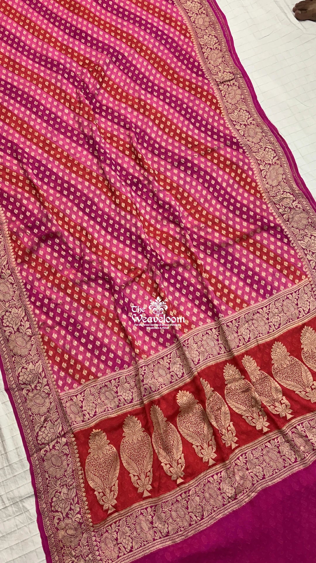 Strawberry Pink Red Magenta Rangkat Buti Pure Crepe Georgette Pure Banarasi Saree by The Weaveloom