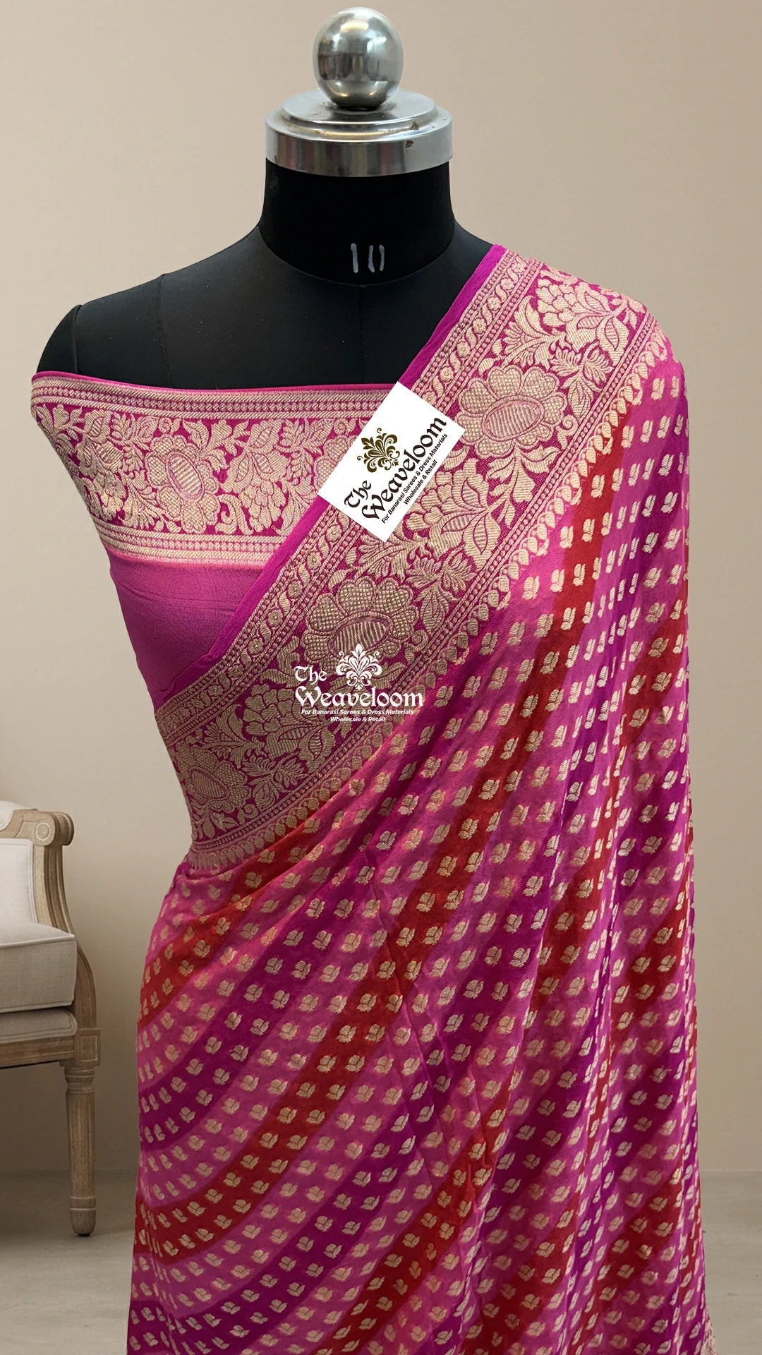 Strawberry Pink Red Magenta Pure Crepe Georgette Rangkat Pure Banarasi Saree