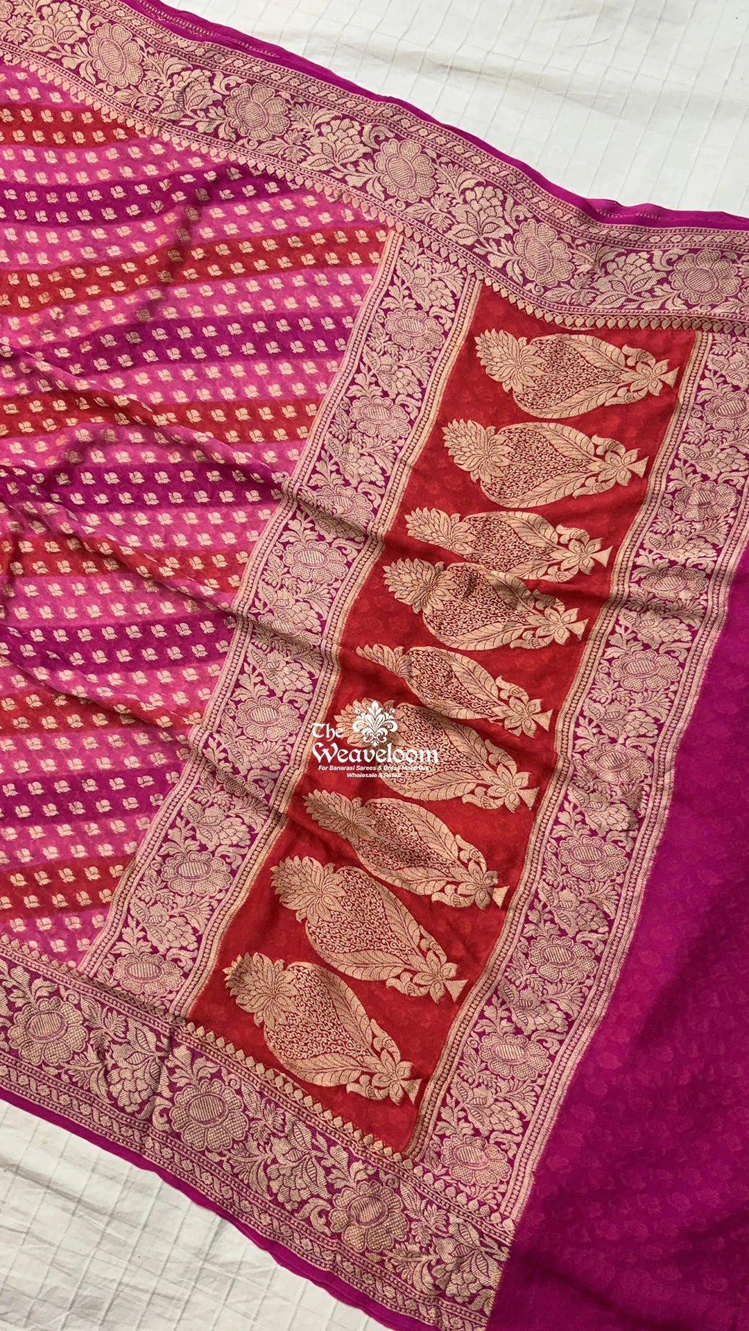 Strawberry Pink Red Magenta Rangkat Buti Pure Crepe Georgette Pure Banarasi Saree by The Weaveloom