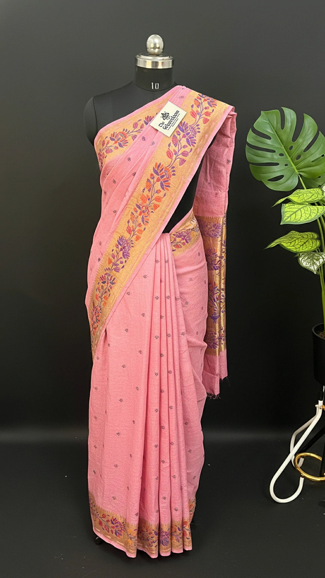 Strawberry Pink Tussar Georgette Pure Banarasi Saree With Meenakari Floral Border by The Weaveloom