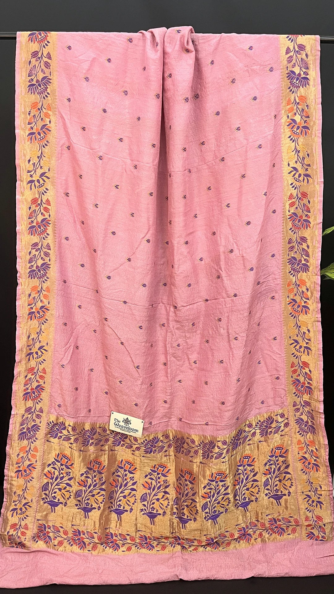 Strawberry Pink Tussar Georgette Pure Banarasi Saree With Meenakari Floral Border by The Weaveloom