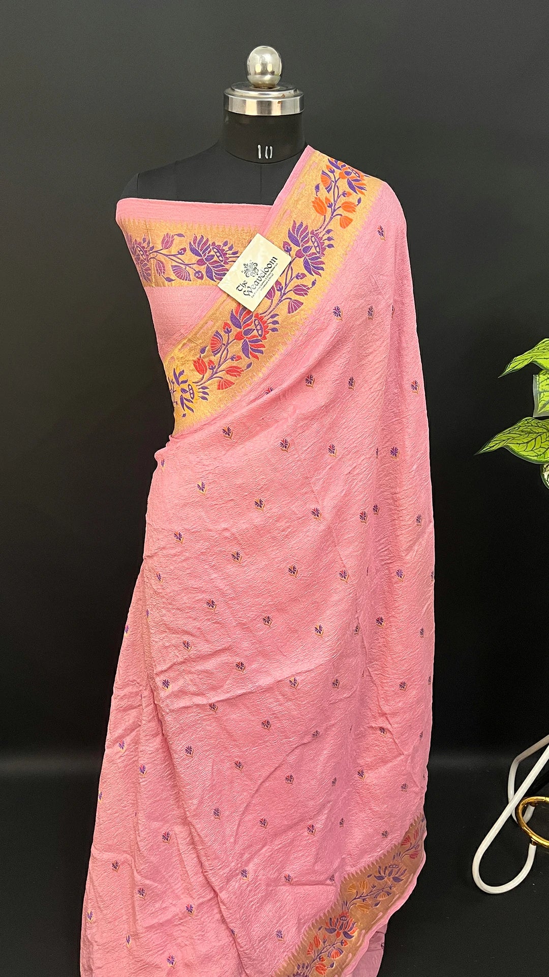 Strawberry Pink Tussar Georgette Pure Banarasi Saree With Meenakari Floral Border by The Weaveloom