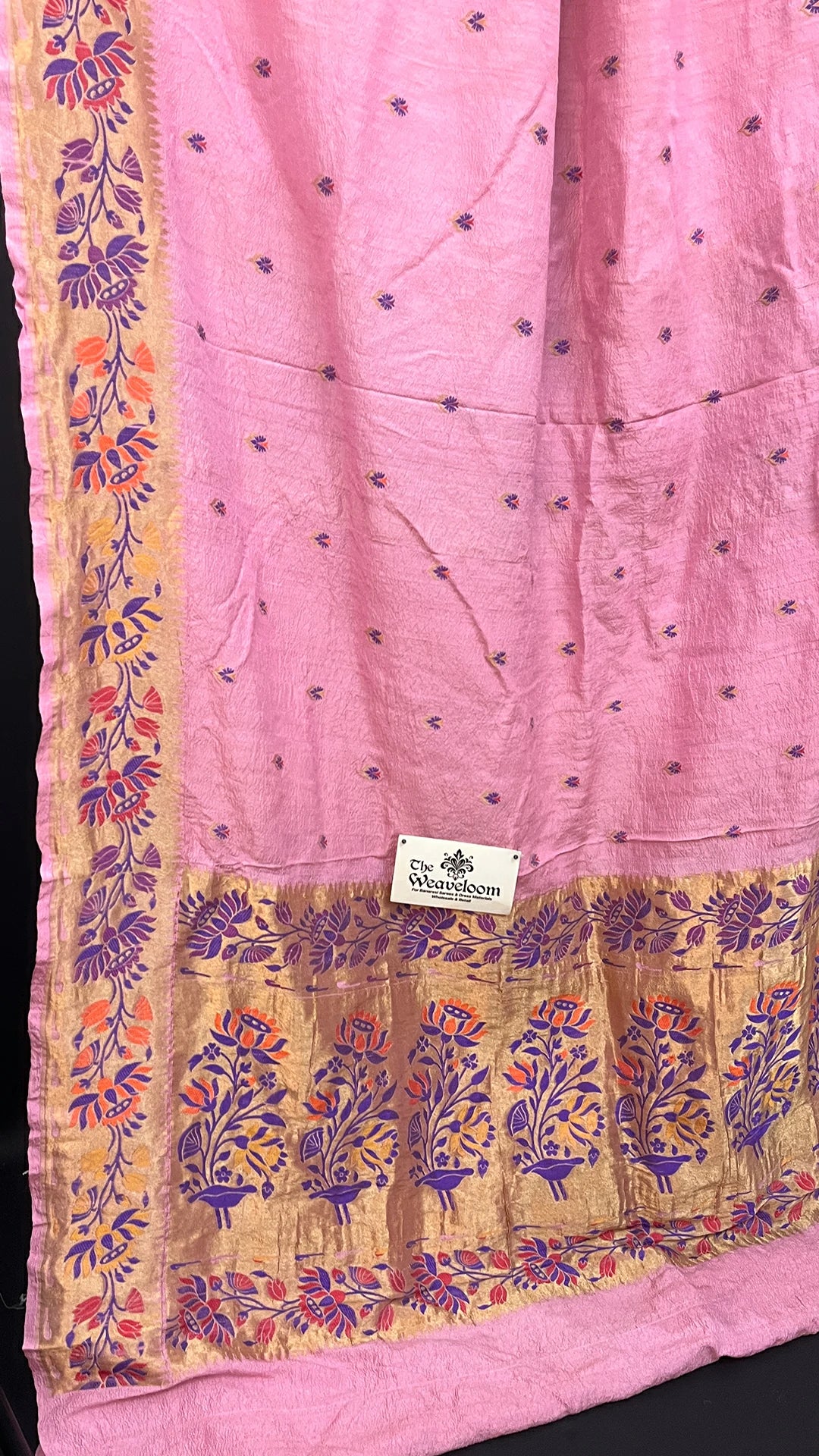 Strawberry Pink Tussar Georgette Pure Banarasi Saree With Meenakari Floral Border by The Weaveloom