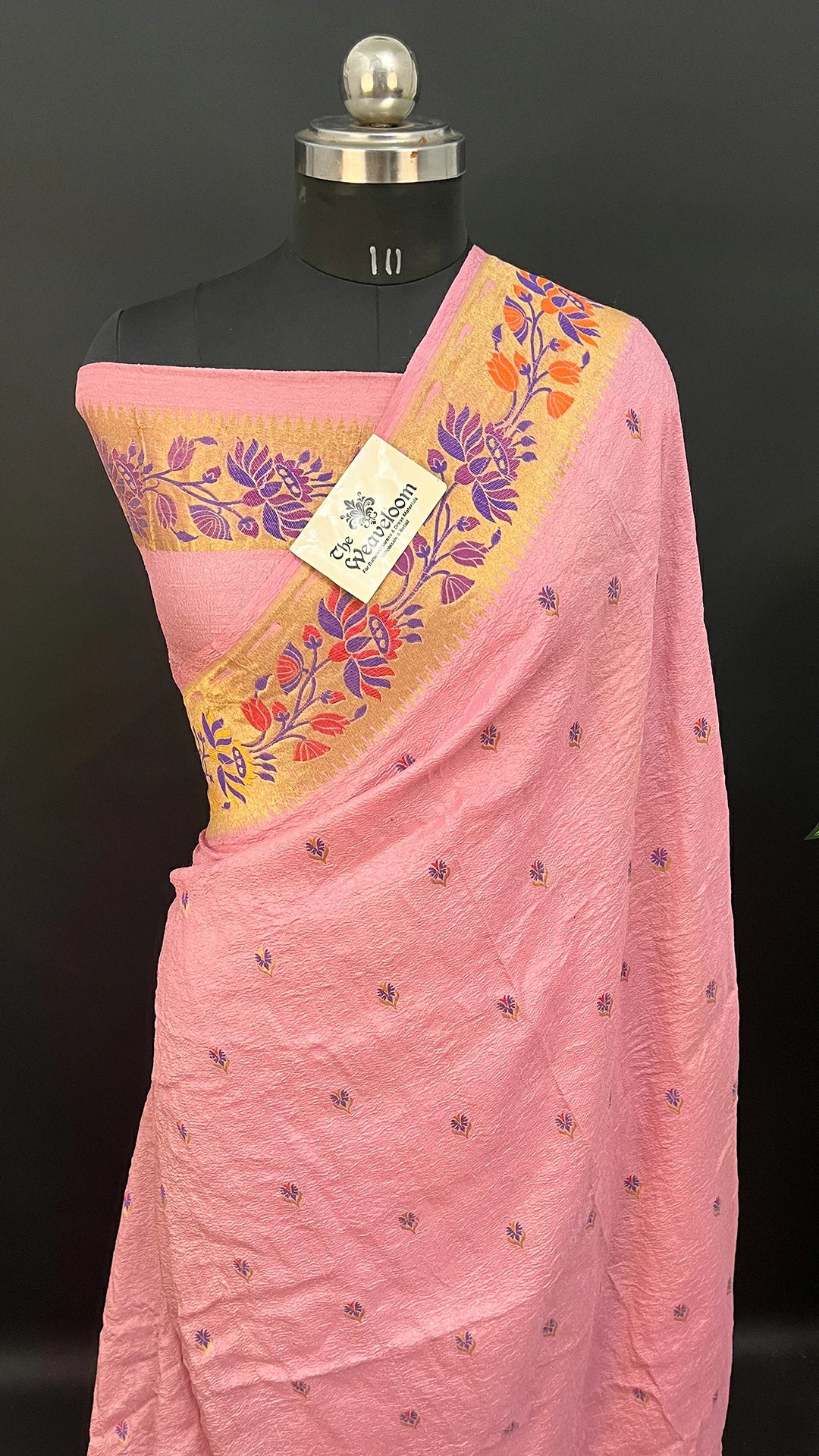Strawberry Pink Tussar Georgette Pure Banarasi Saree With Meenakari Floral Border by The Weaveloom