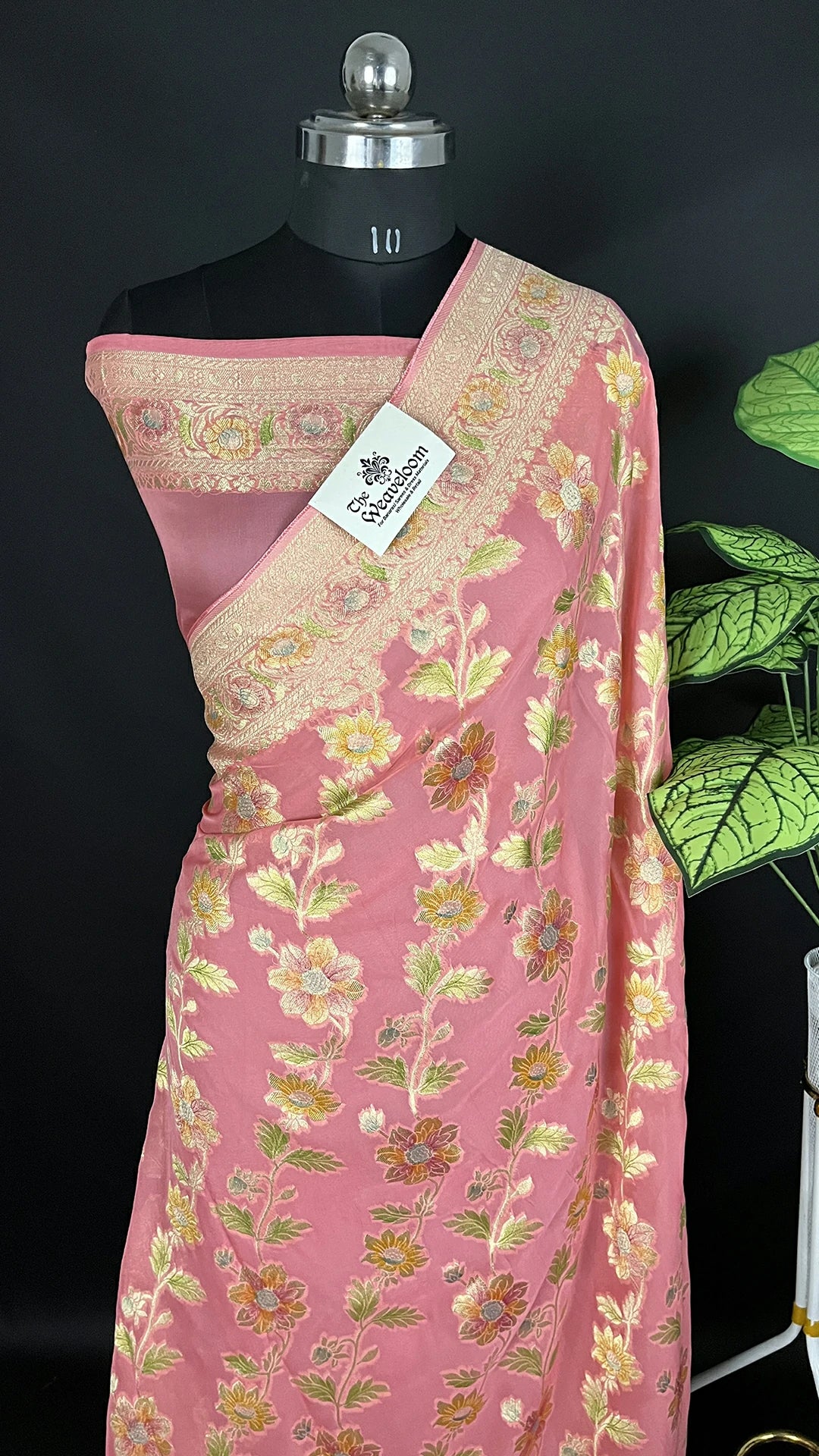 Strawberry Pink Viscose Georgette Saree with Floral Handbrush Work – The Weaveloom