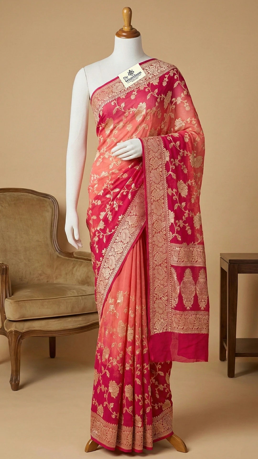 Strawberry Rani dual tone floral jaal crepe georgette pure Banarasi saree with golden zari border The Weaveloom