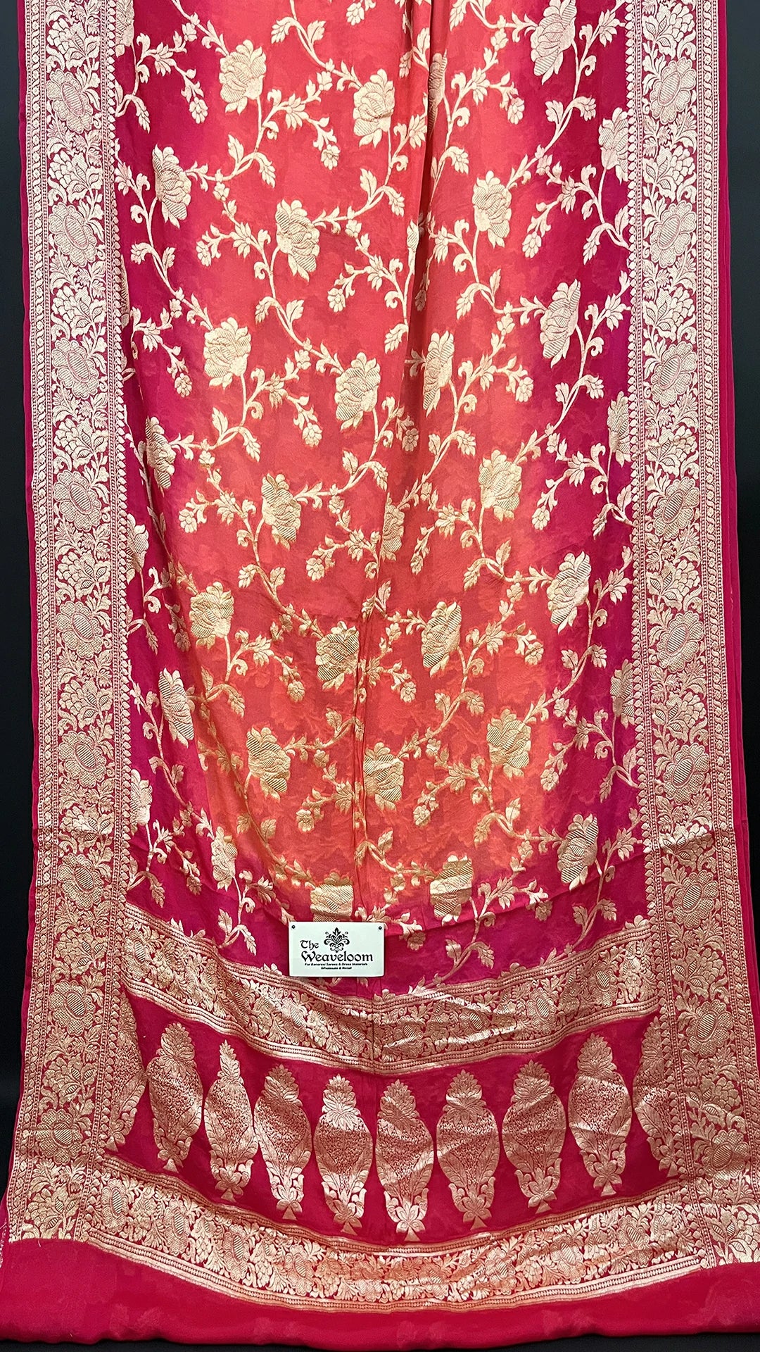 Strawberry Rani dual tone floral jaal crepe georgette pure Banarasi saree with golden zari border The Weaveloom