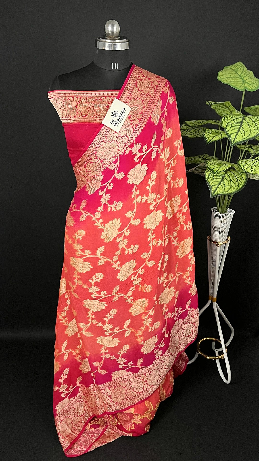 Strawberry Rani dual tone floral jaal crepe georgette pure Banarasi saree with golden zari border The Weaveloom