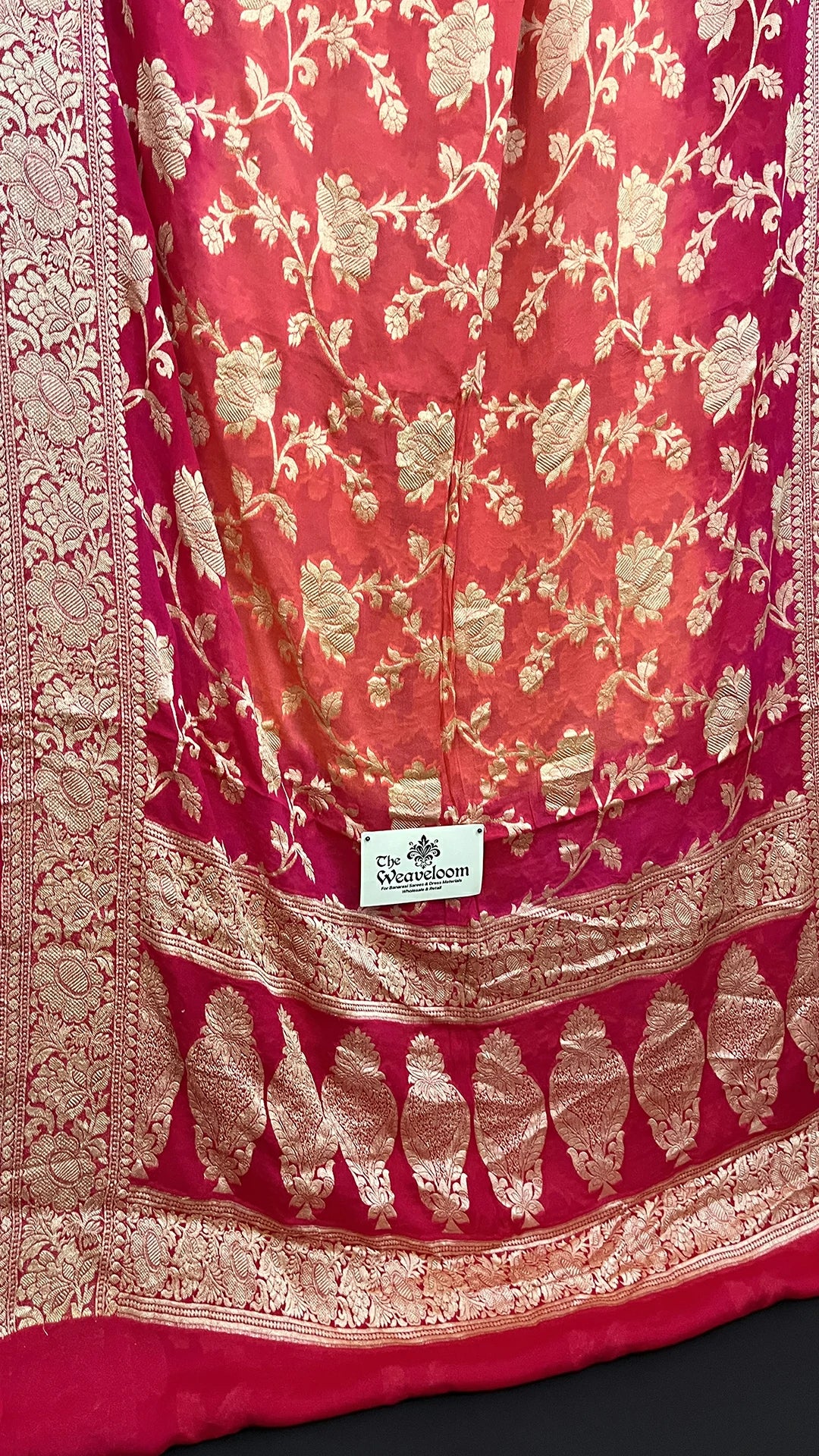 Strawberry Rani dual tone floral jaal crepe georgette pure Banarasi saree with golden zari border The Weaveloom