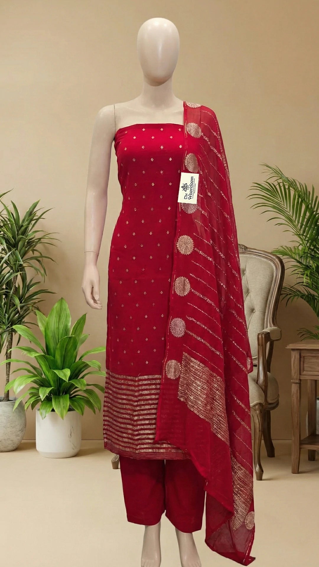 Strawberry Red Khaddi Georgette Pure Banarasi Dress Material with Zari Dupatta by The Weaveloom