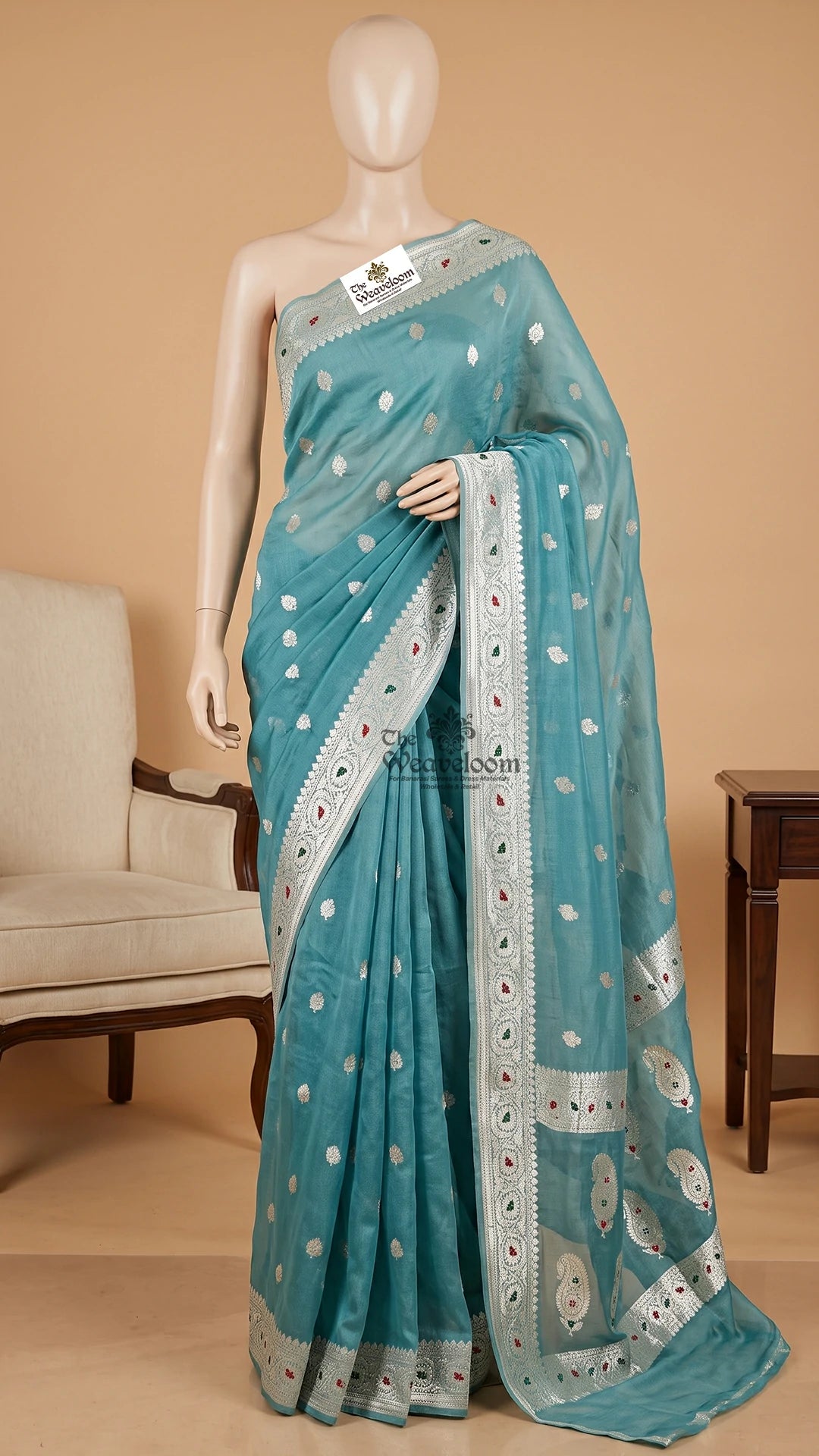 Teal Pure Tissue Georgette Handloom Banarasi Saree with Silver Floral Booti - The Weaveloom