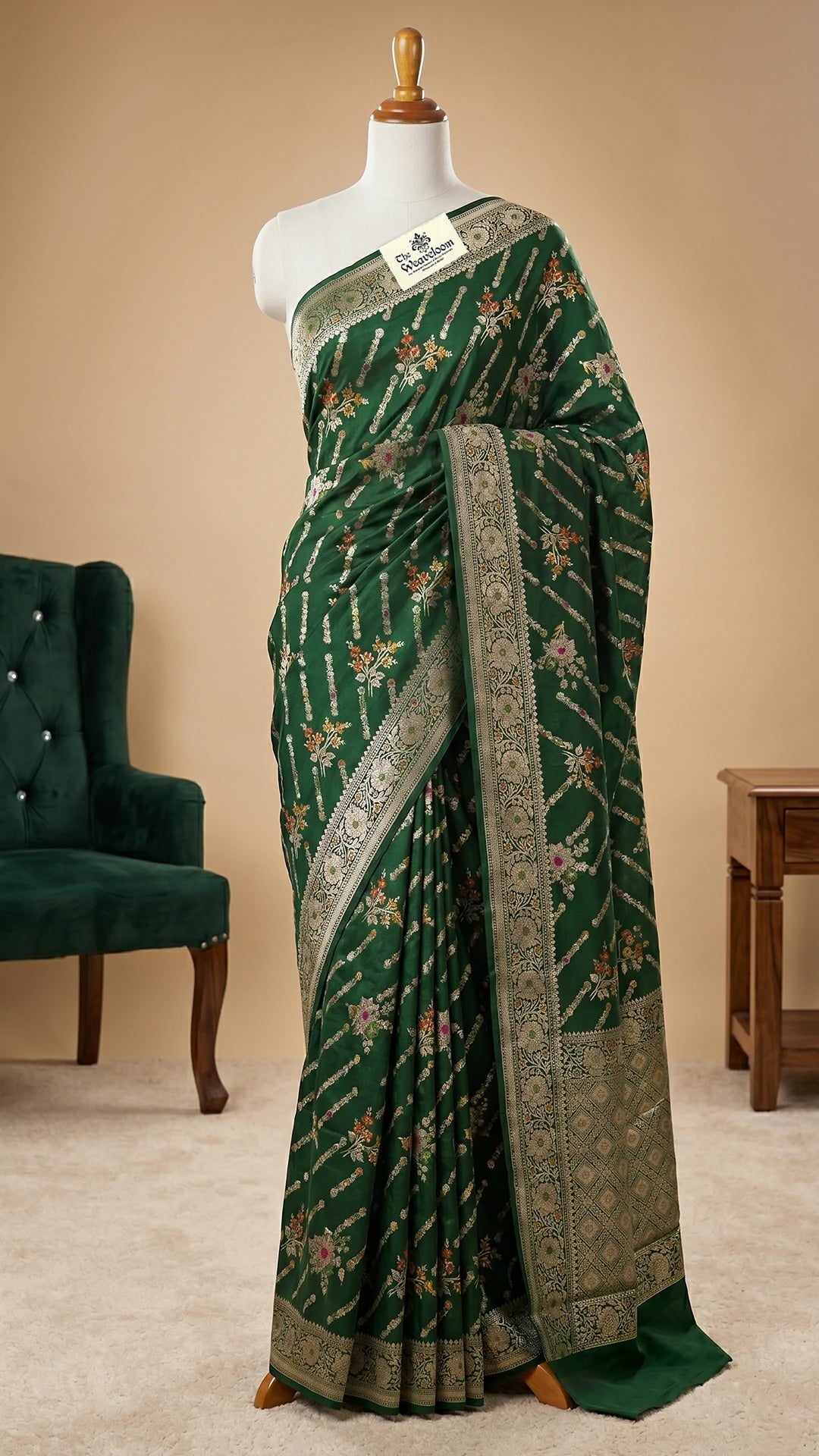 The Weaveloom Bottle Green Floral Meenakari Chiniya Silk Pure Banarasi Saree with Golden Zari Border and Rich Pallu