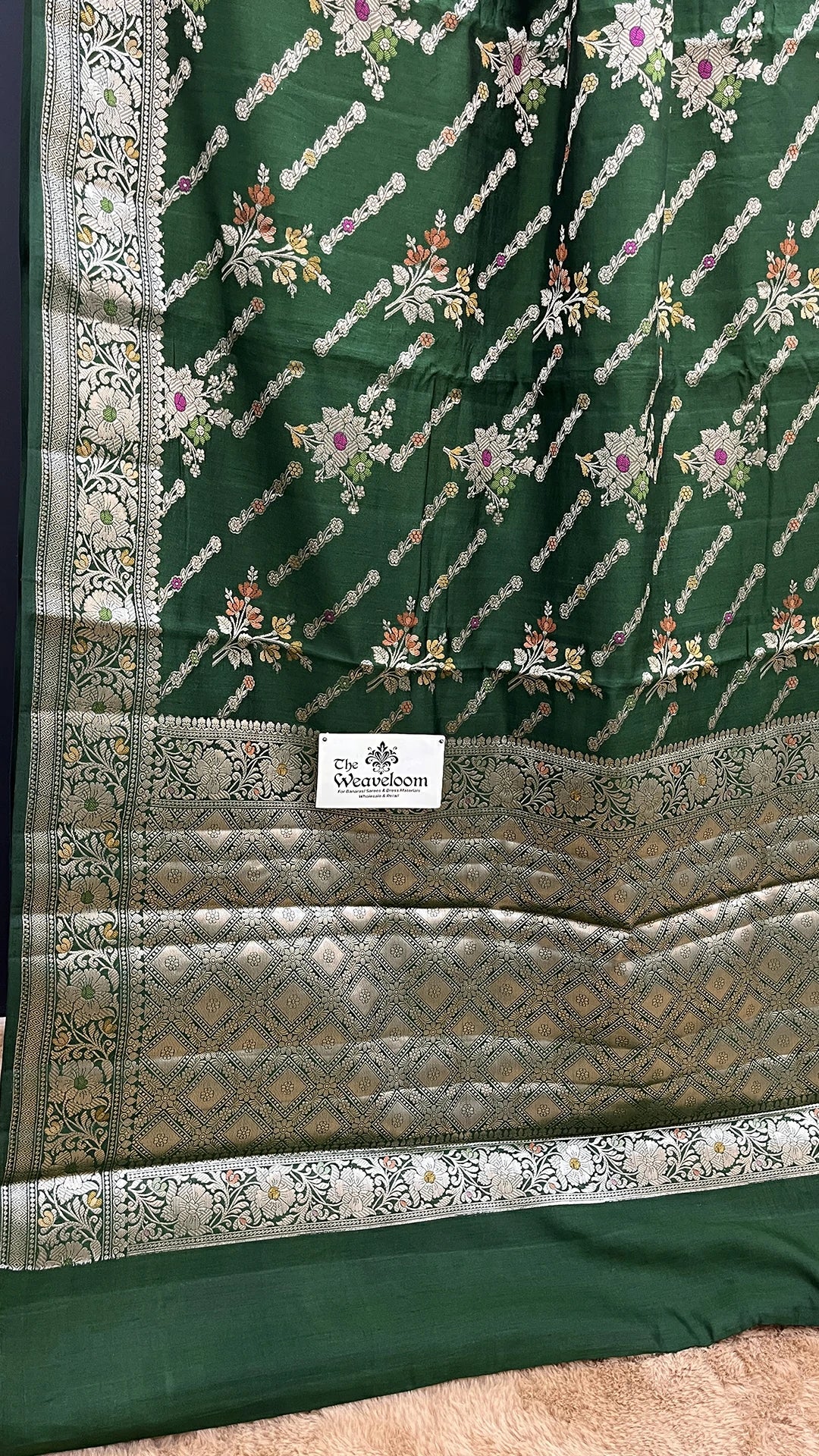 The Weaveloom Bottle Green Floral Meenakari Chiniya Silk Pure Banarasi Saree with Golden Zari Border and Rich Pallu
