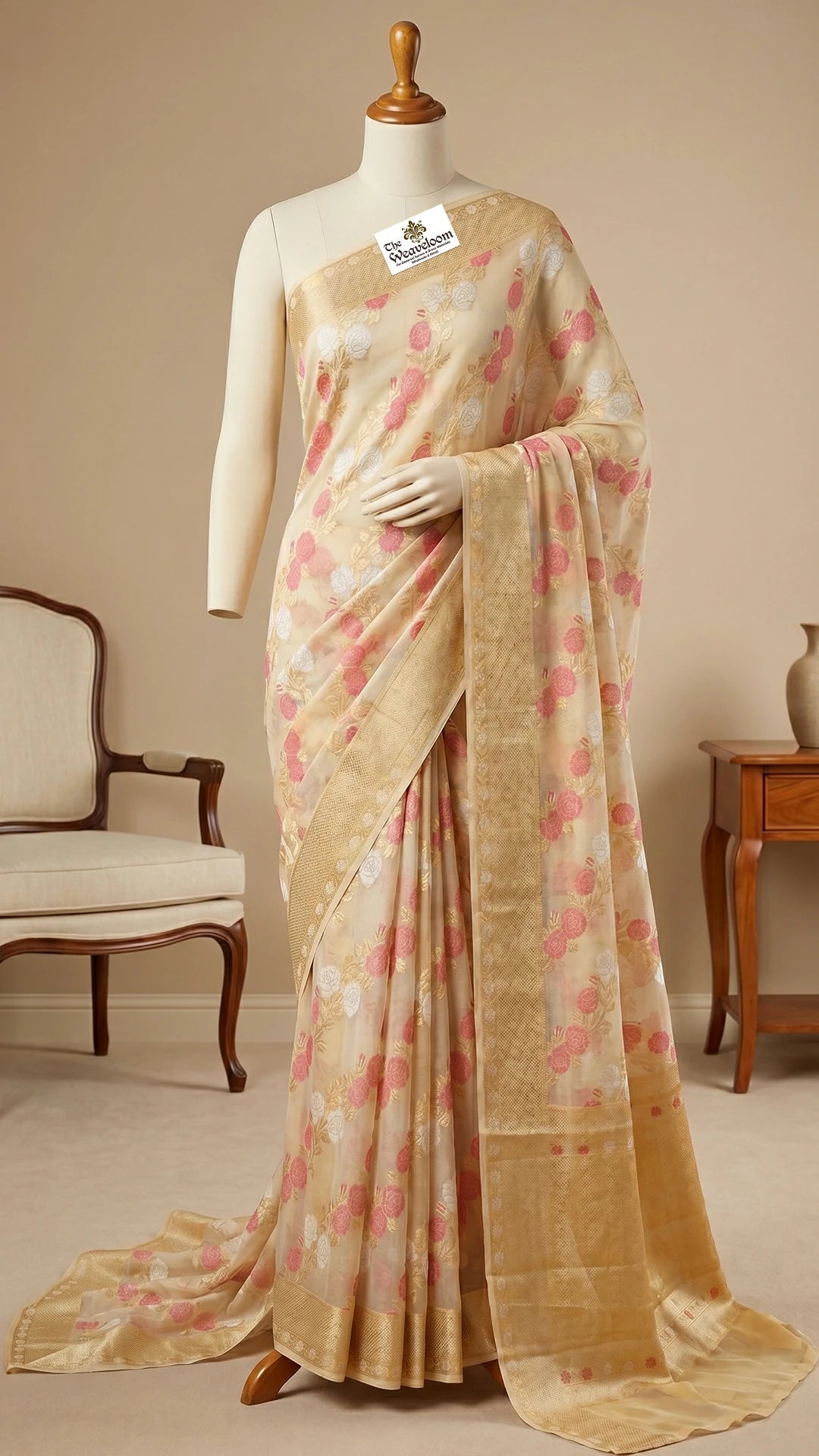 The Weaveloom Cream Floral Meenakari Khaddi Chiffon Pure Banarasi Saree Floral Banarasi Saree Pure Khaddi Chiffon Banarasi Saree
