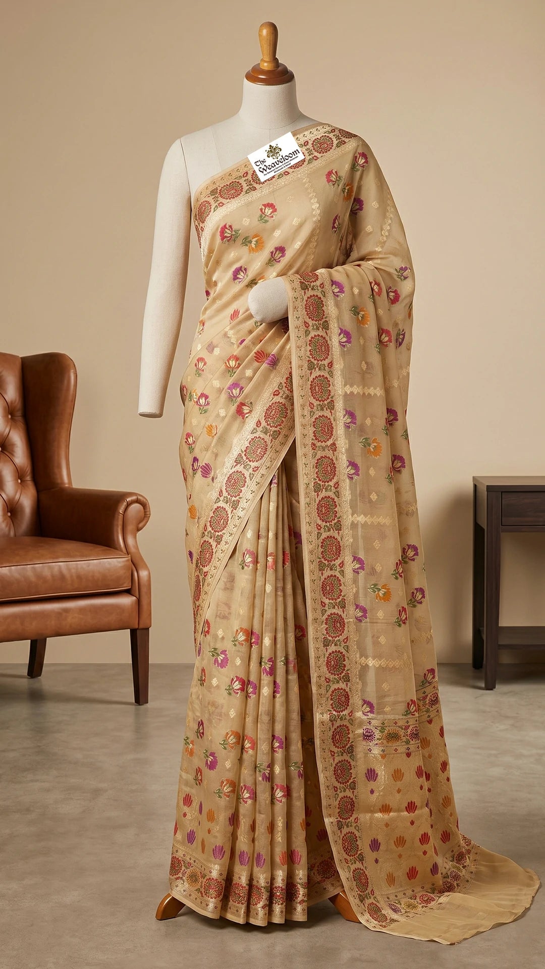The Weaveloom Cream Floral Meenakari Khaddi Chiffon Pure Banarasi Saree