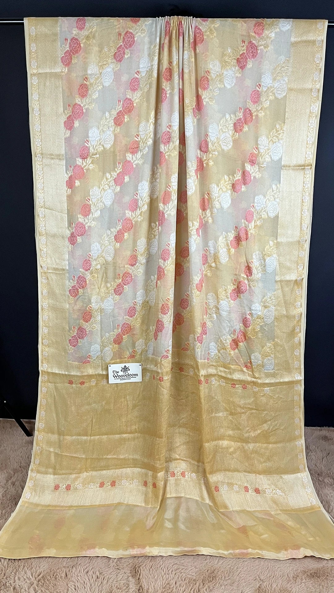 The Weaveloom Cream Floral Meenakari Khaddi Chiffon Pure Banarasi Saree Floral Banarasi Saree Pure Khaddi Chiffon Banarasi Saree