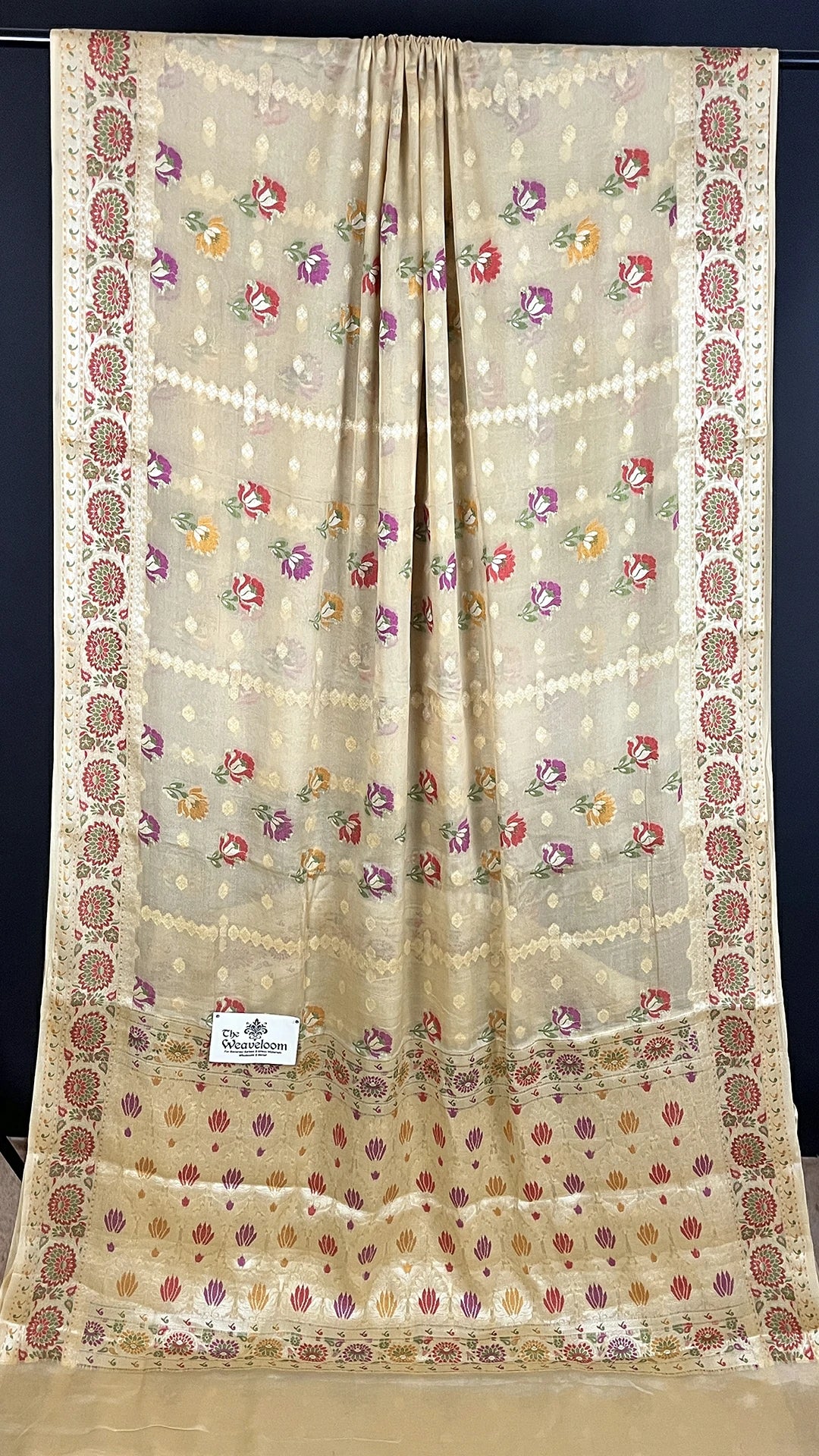 The Weaveloom Cream Floral Meenakari Khaddi Chiffon Pure Banarasi Saree