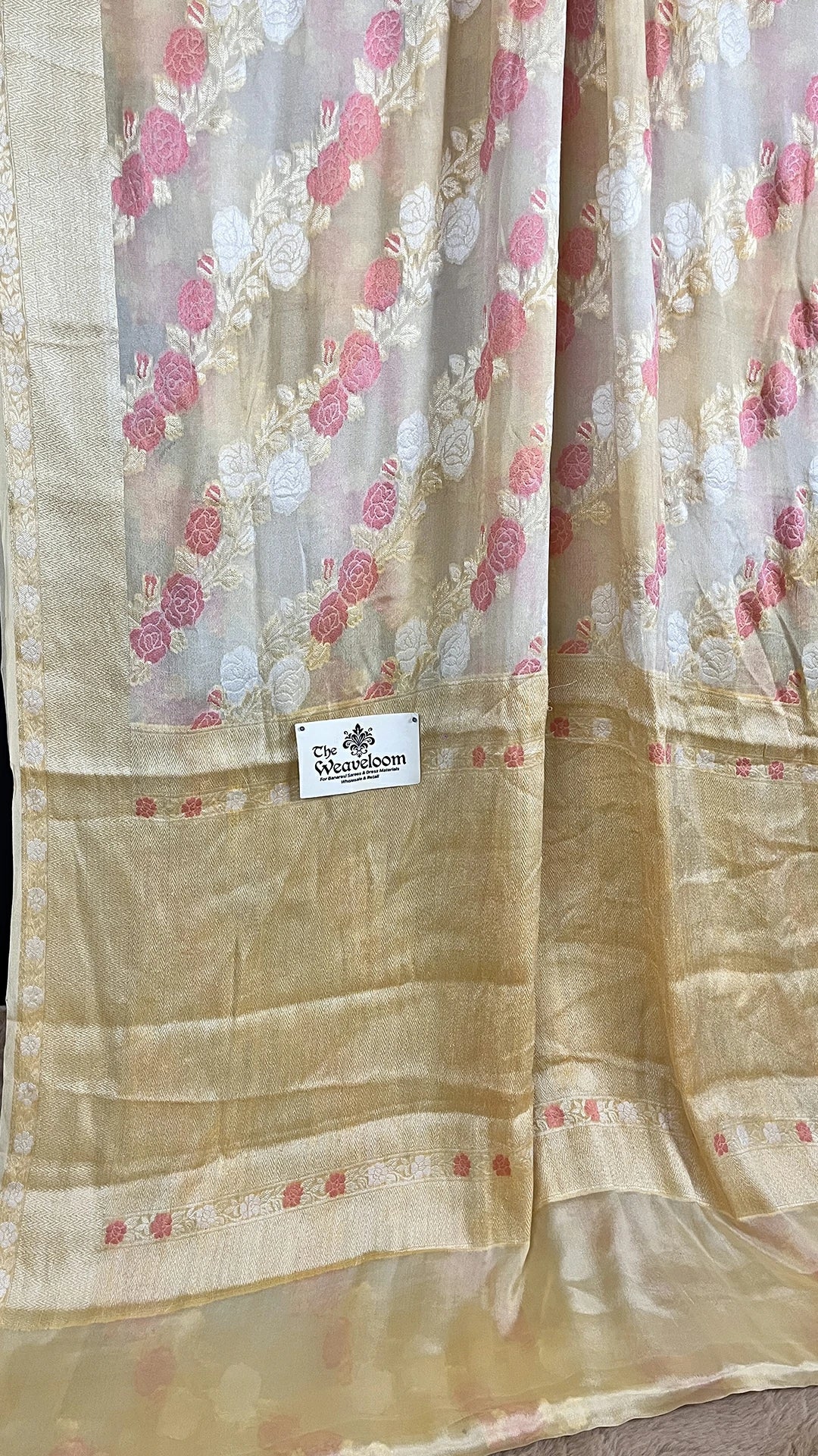 The Weaveloom Cream Floral Meenakari Khaddi Chiffon Pure Banarasi Saree Floral Banarasi Saree Pure Khaddi Chiffon Banarasi Saree