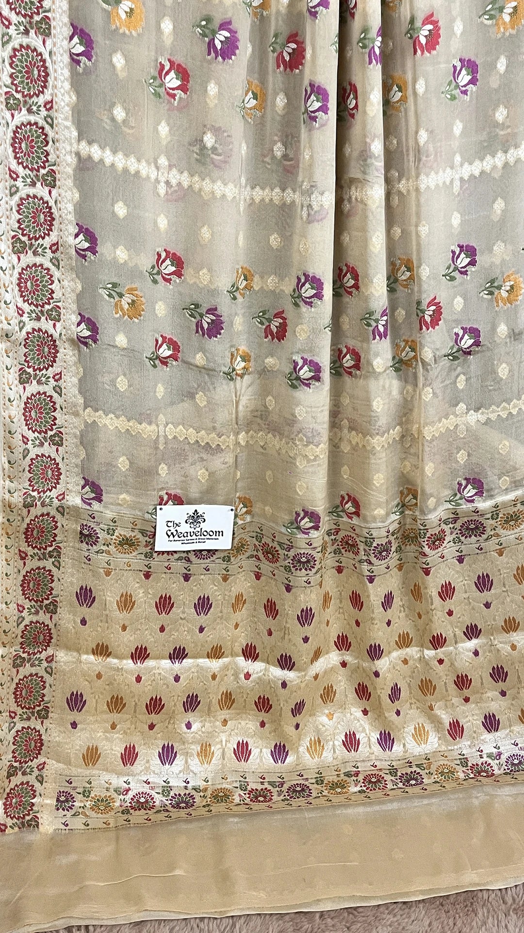 The Weaveloom Cream Floral Meenakari Khaddi Chiffon Pure Banarasi Saree