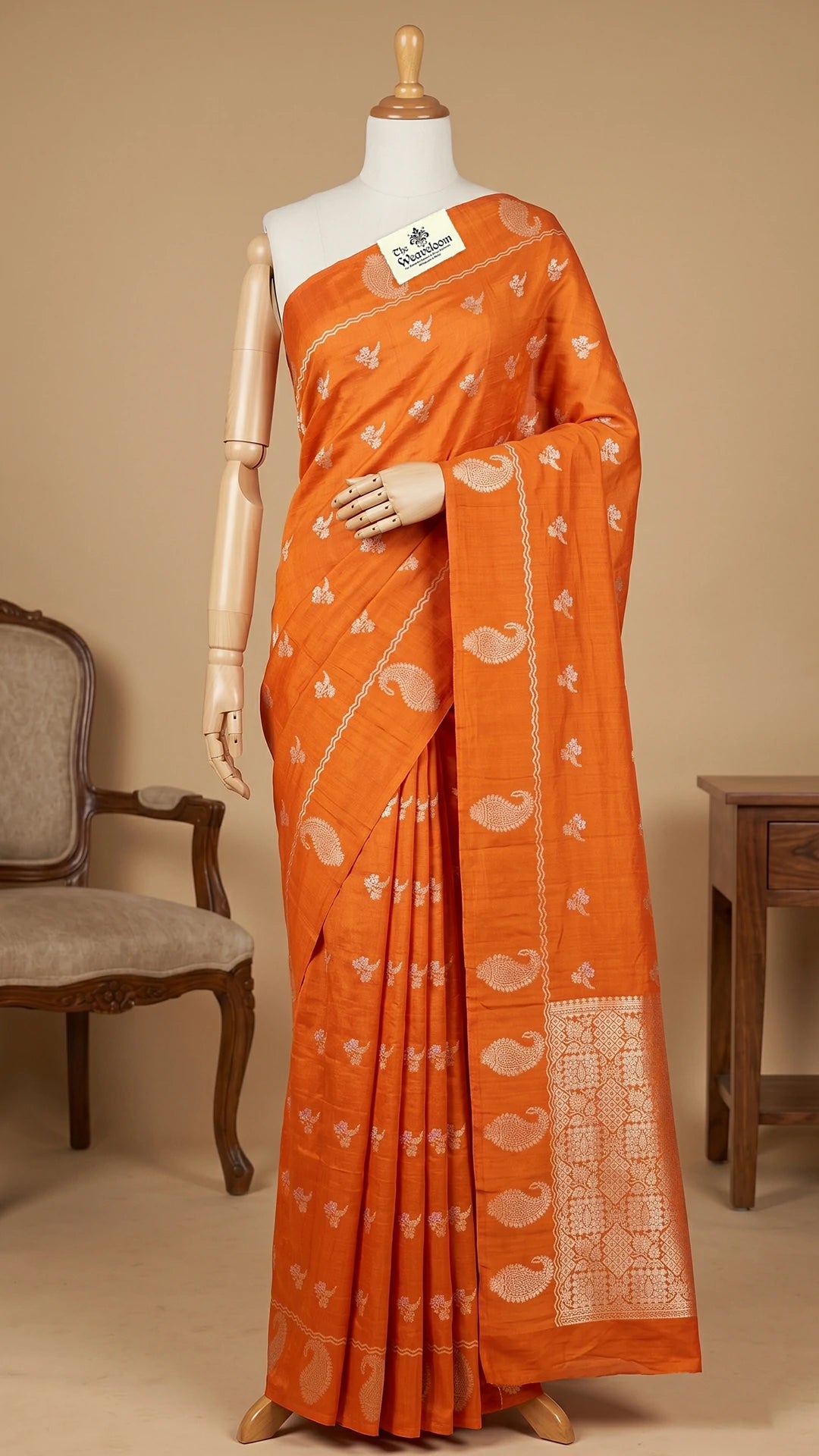 The Weaveloom Fanta Orange Chiniya Silk Pure Banarasi Saree With Golden Zari Paisley Weaving