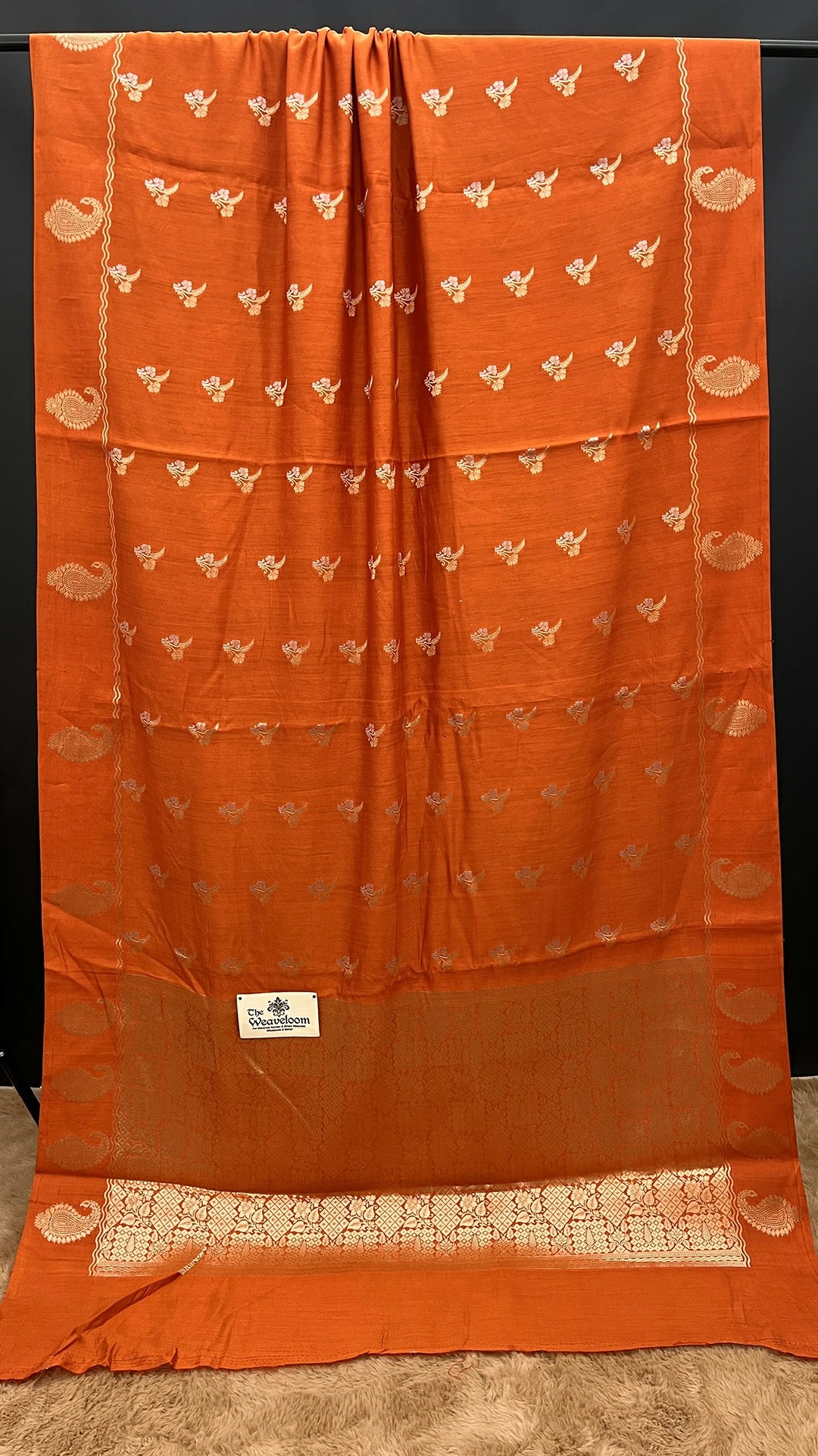 The Weaveloom Fanta Orange Chiniya Silk Pure Banarasi Saree With Golden Zari Paisley Weaving