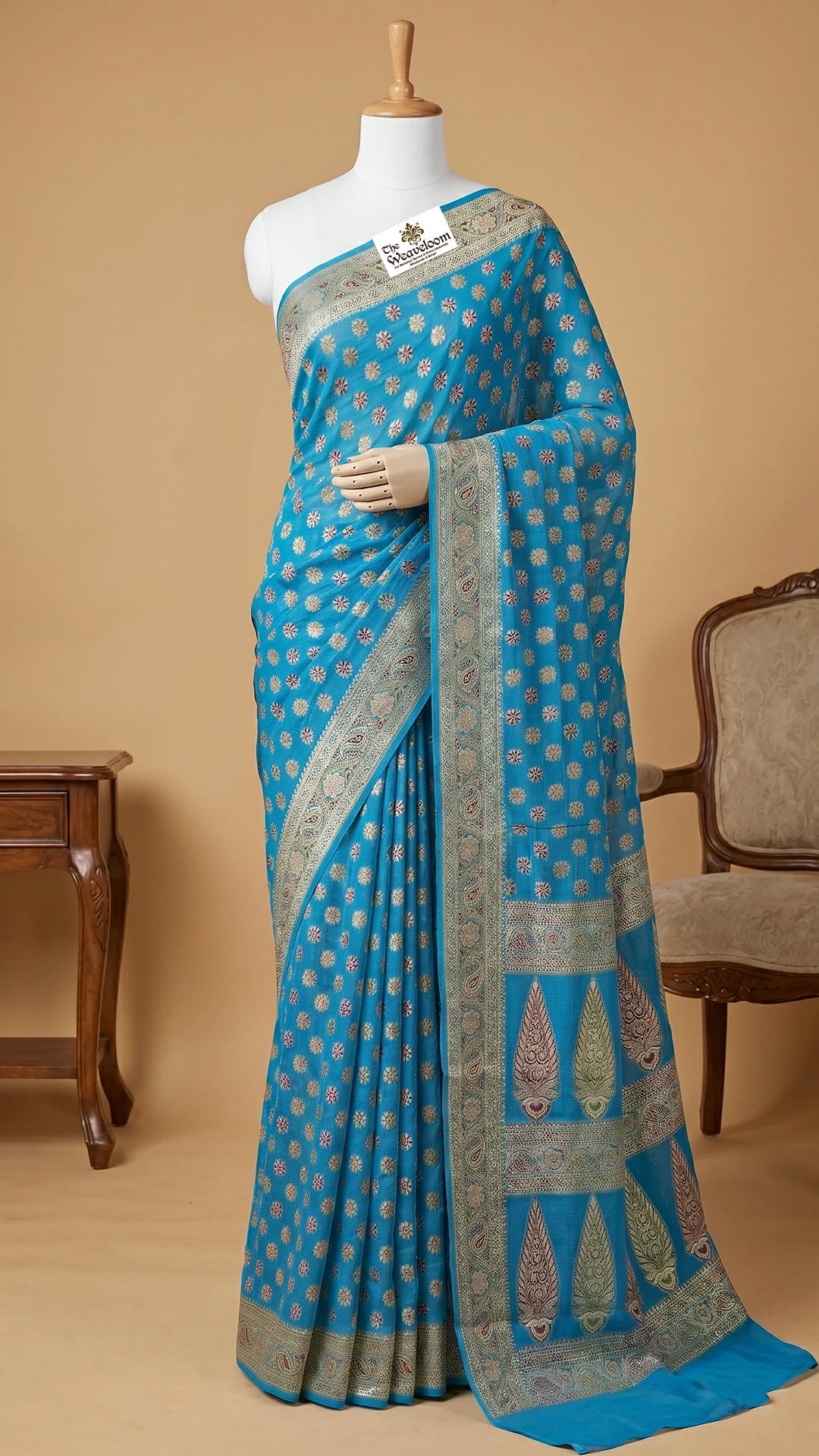 The Weaveloom Firozi Khaddi Chiffon Pure Banarasi Saree with Meenakari Floral Buti and Paisley Border