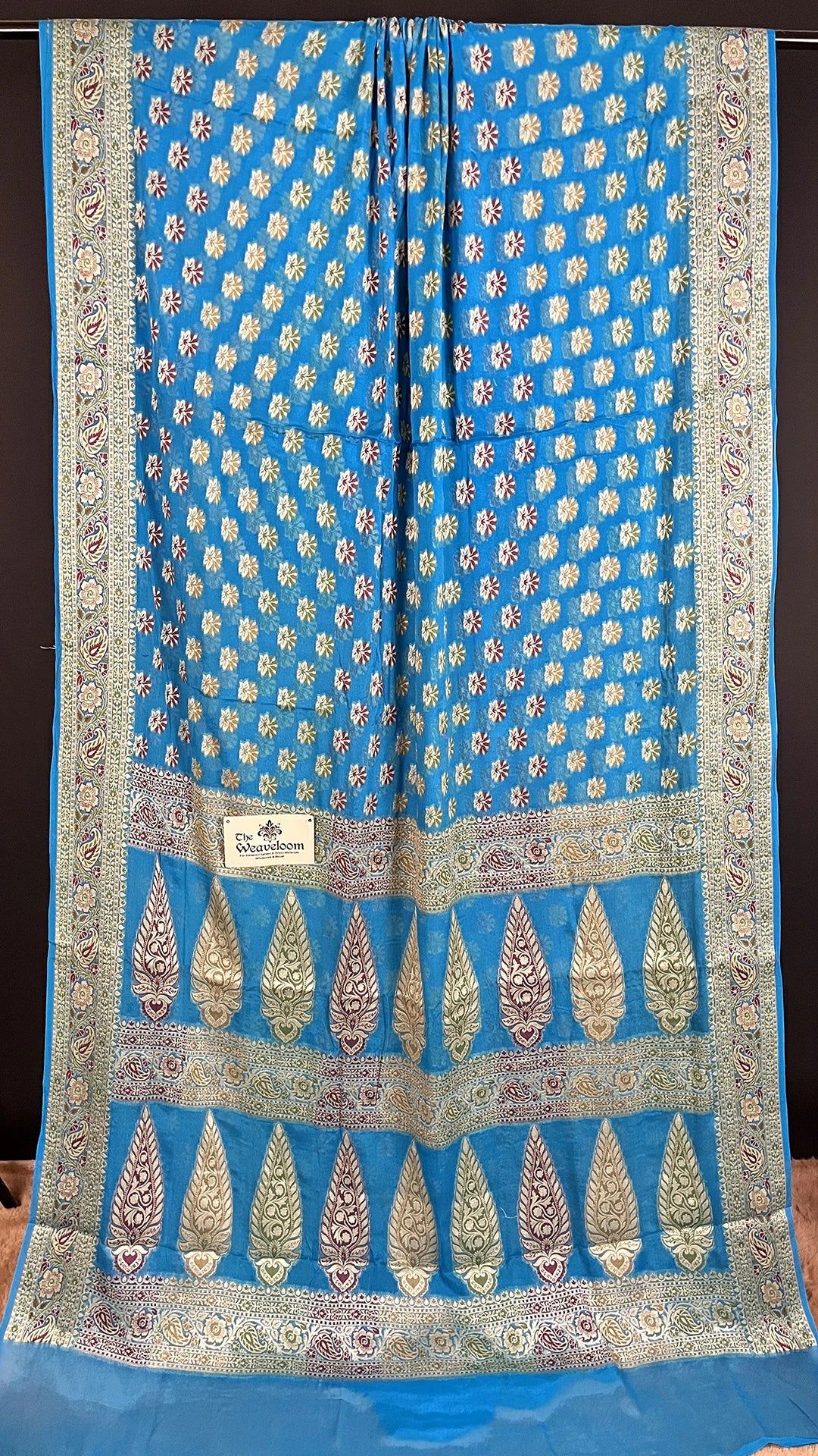 The Weaveloom Firozi Khaddi Chiffon Pure Banarasi Saree with Meenakari Floral Buti and Paisley Border