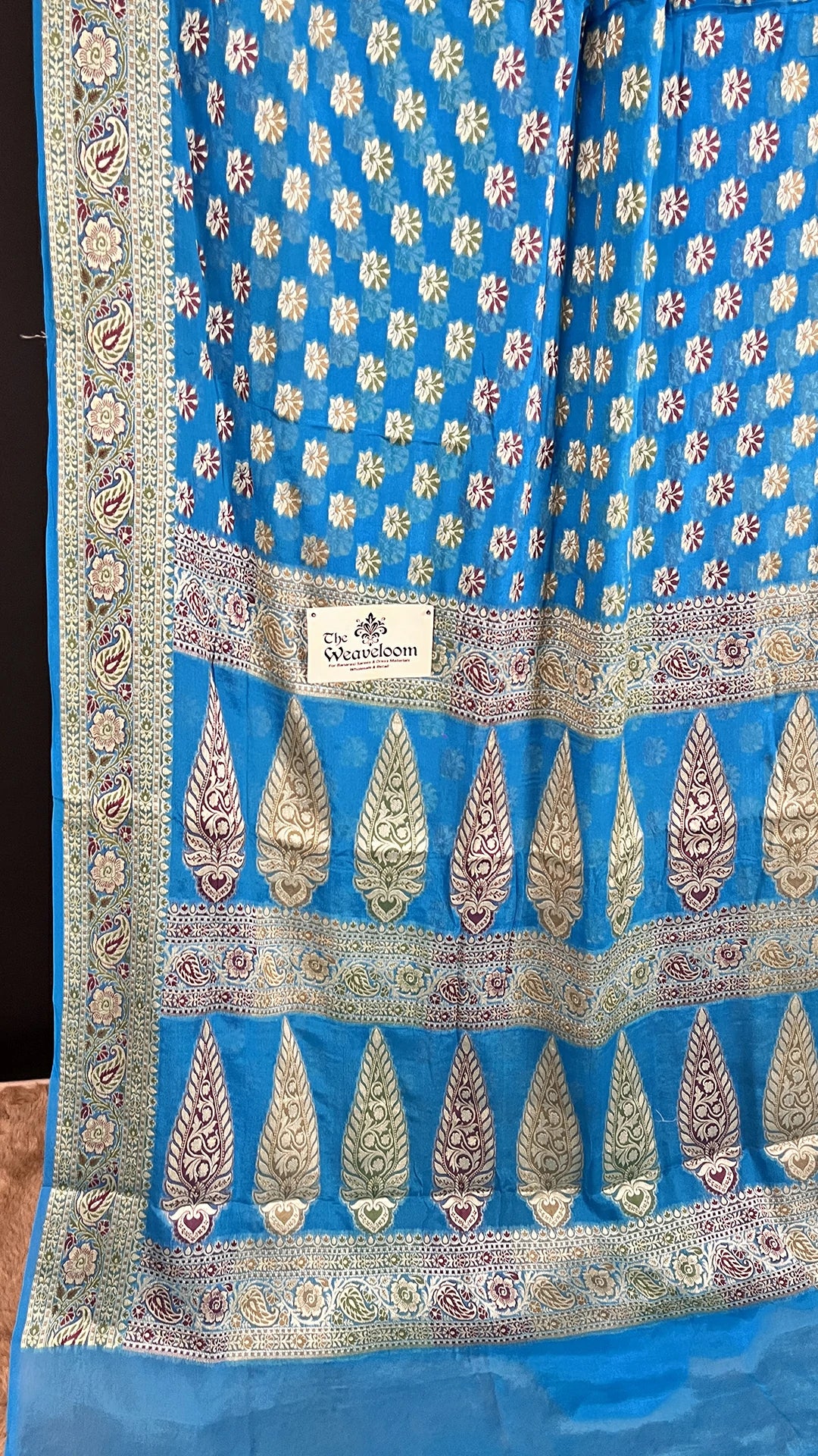 The Weaveloom Firozi Khaddi Chiffon Pure Banarasi Saree with Meenakari Floral Buti and Paisley Border