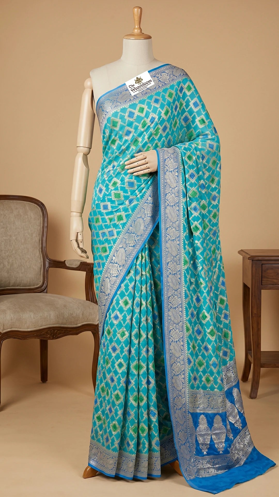 The Weaveloom Firozi Multicolor Rangkat Crepe Georgette Pure Banarasi Saree with Golden Zari Border and Rich Pallu