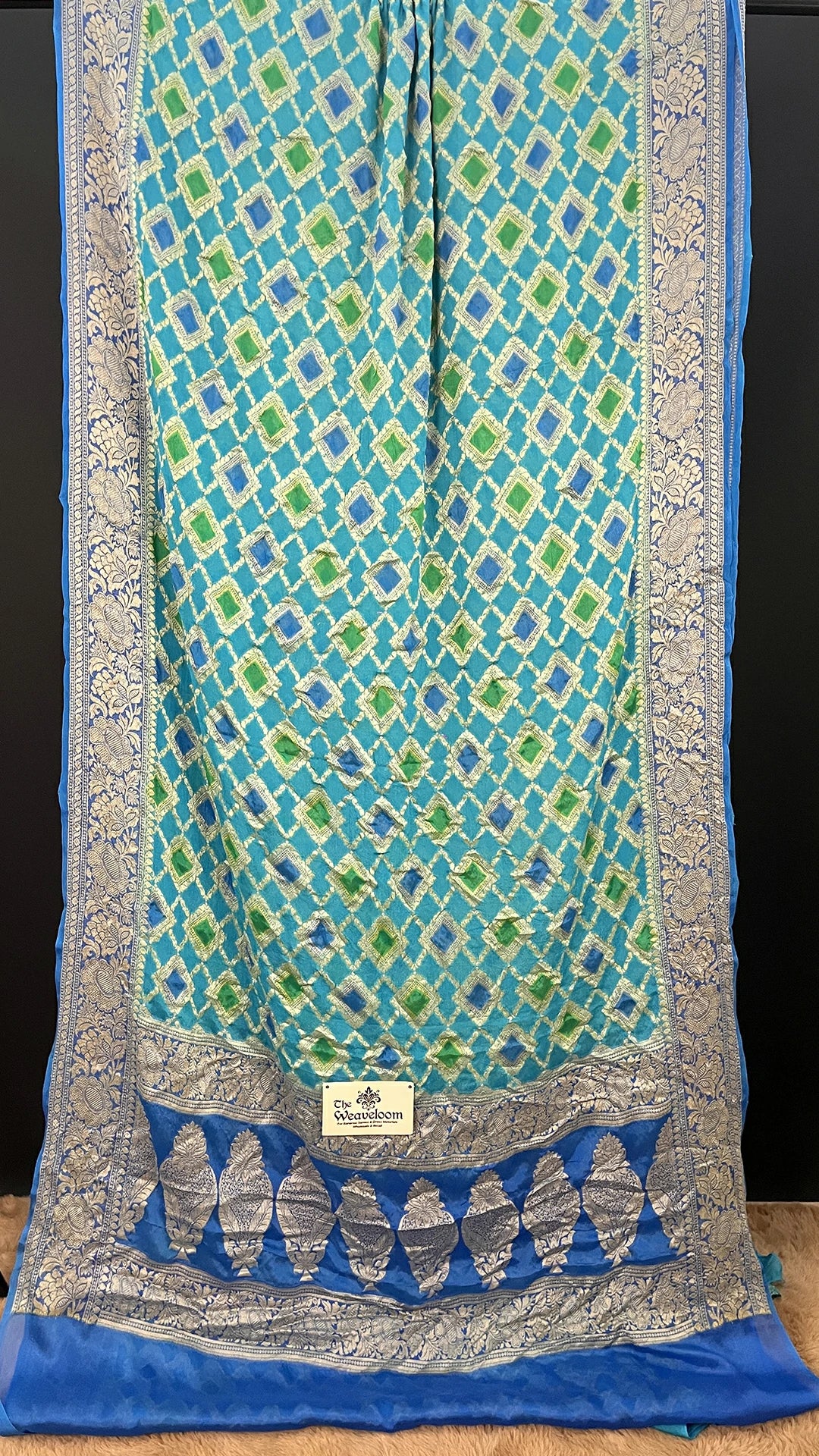 The Weaveloom Firozi Multicolor Rangkat Crepe Georgette Pure Banarasi Saree with Golden Zari Border and Rich Pallu