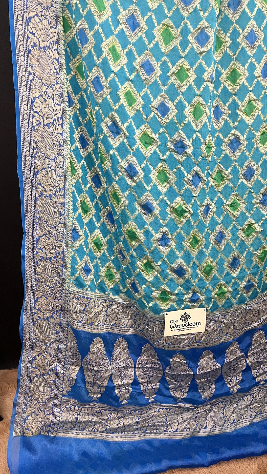 The Weaveloom Firozi Multicolor Rangkat Crepe Georgette Pure Banarasi Saree with Golden Zari Border and Rich Pallu