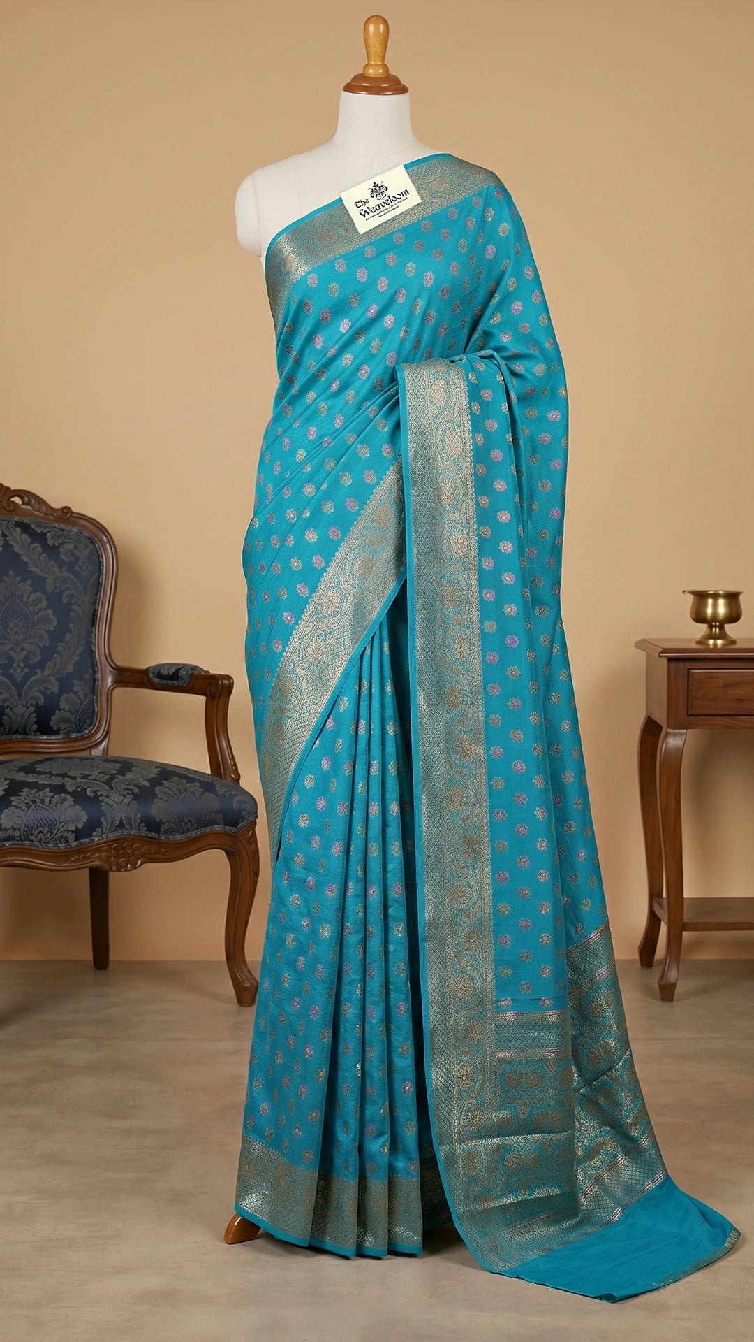 The Weaveloom Firozi Munga Silk Pure Banarasi Saree with Floral Meenakari Buti Antique Zari Border and Rich Pallu
