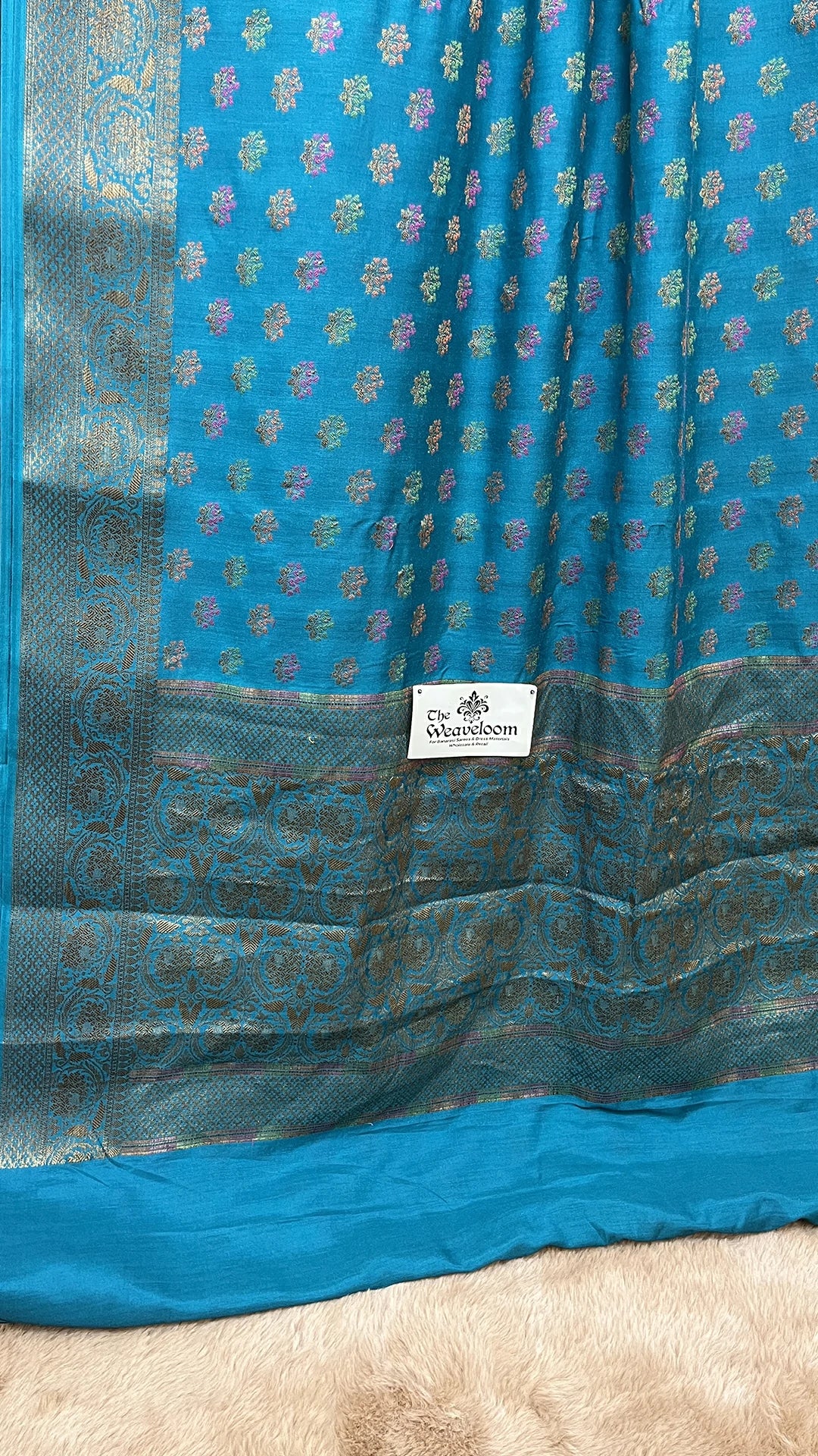 The Weaveloom Firozi Munga Silk Pure Banarasi Saree with Floral Meenakari Buti Antique Zari Border and Rich Pallu