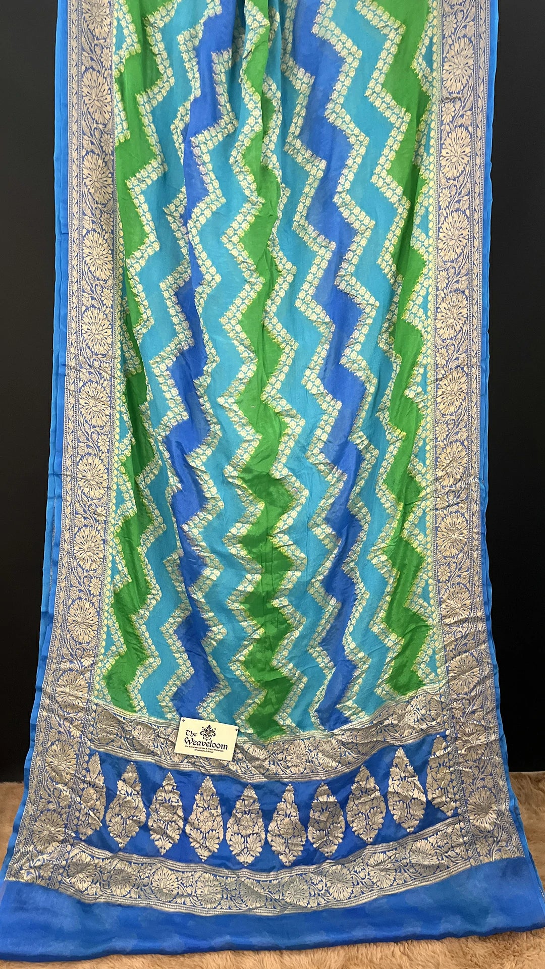 The Weaveloom Firozi Rangkat Crepe Georgette Multicolor Pure Banarasi Saree with Golden Zari