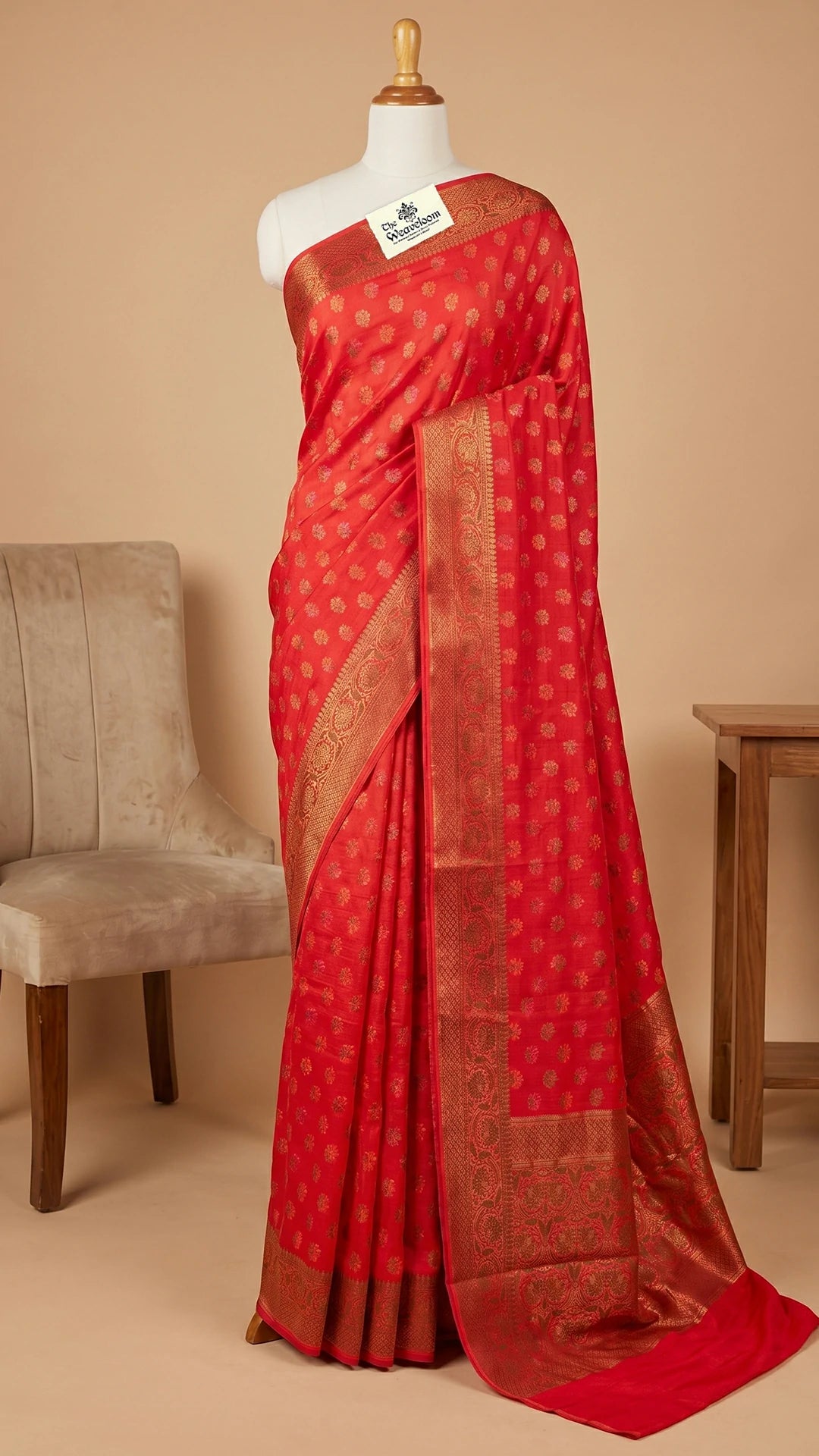 The Weaveloom Gajri Floral Meenakari Buti Munga Silk Pure Banarasi Saree with Antique Zari