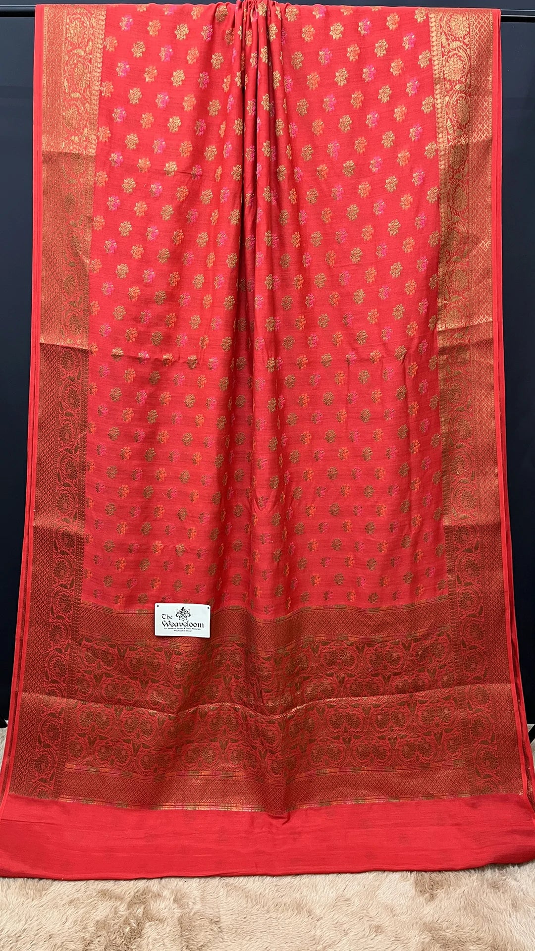 The Weaveloom Gajri Floral Meenakari Buti Munga Silk Pure Banarasi Saree with Antique Zari